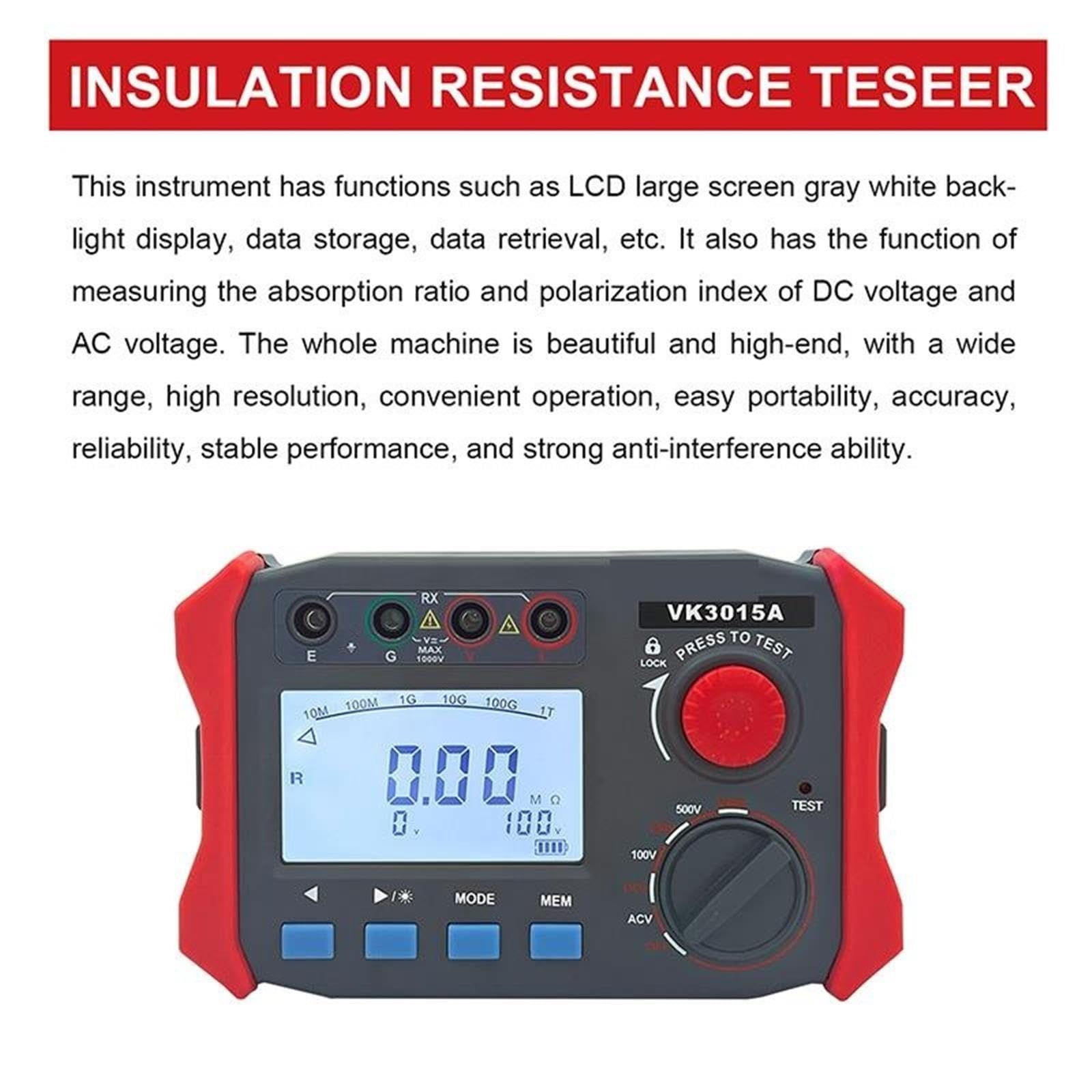 VK3015A Cyfrowy tester rezystancji izolacji 1KV Megaomomierz 1000 V z cyfrowym miernikiem izolacji