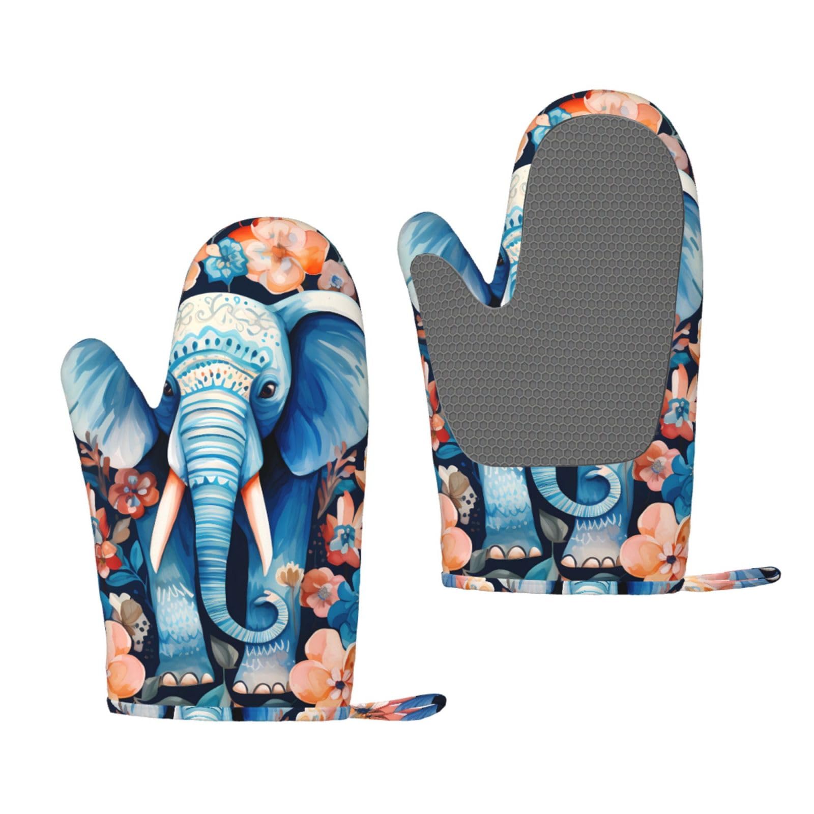 Oven Mitts Sets of 2 Heat Resistant Kitchen Gloves Elephant and flower Oven Mitts BBQ Oven Gloves Non-Slip Silicone Oven Mitts Waterproof Cooking Safety Gloves for Kitchen Baking Cooking