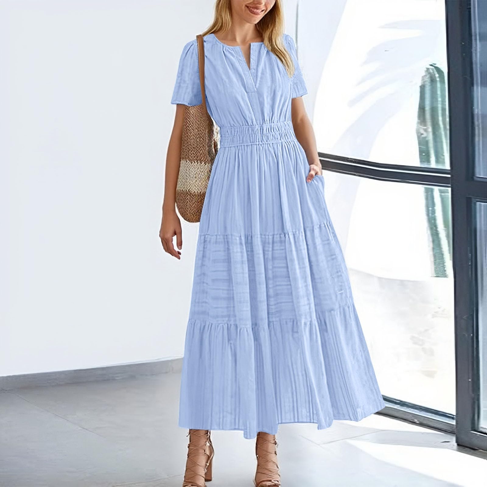 2026 Abito da donna casual abiti midi leggeri manica corta scollo a v elastico boho borse abito da spiaggia generico