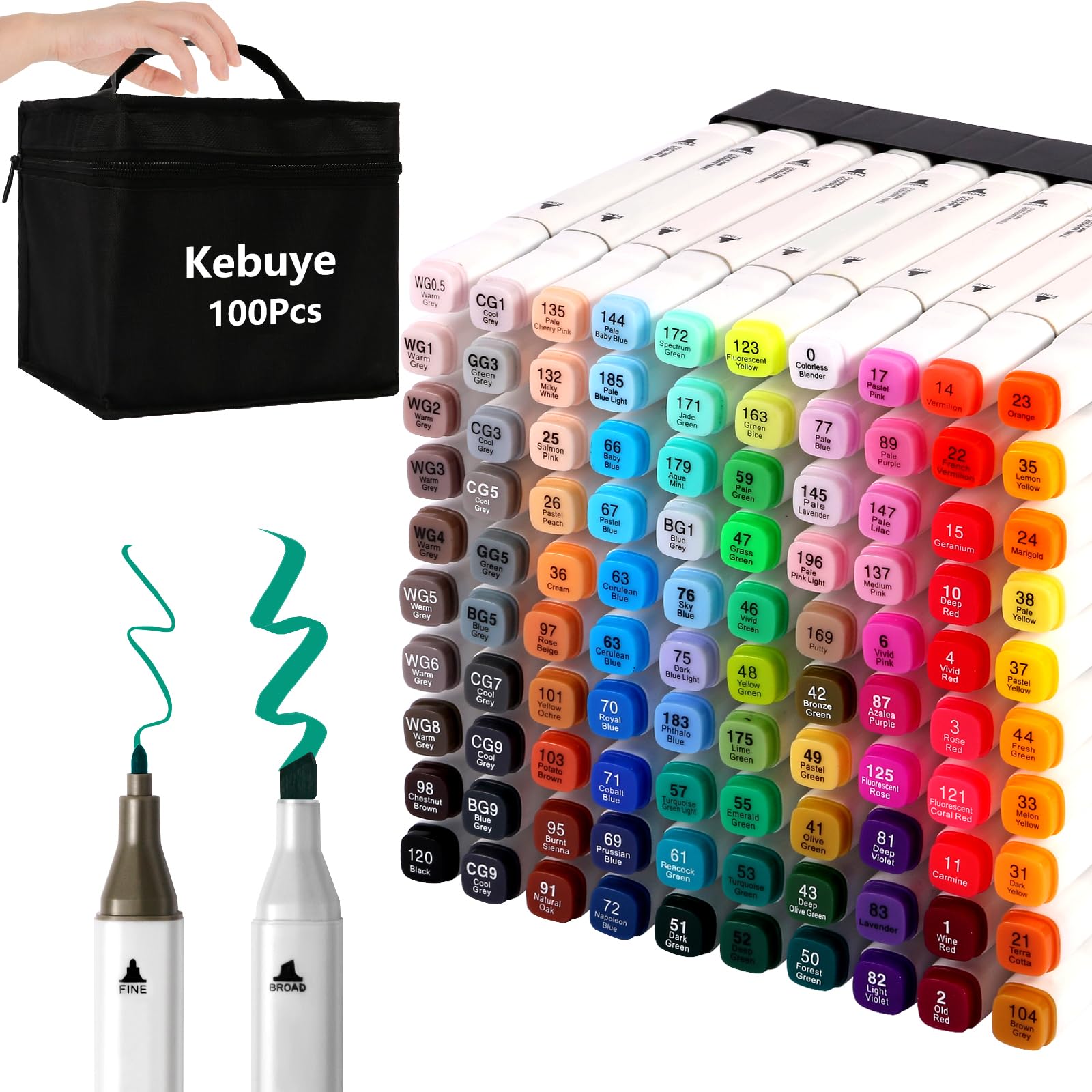 Kebuye Alkoholmarker, 101 Farben, Marker auf Alkoholbasis mit Etui, Kunstmarker mit Doppelspitze, für Kinder und Erwachsene, Malbücher, Skizzen-Permanentmarker, Schulbedarf