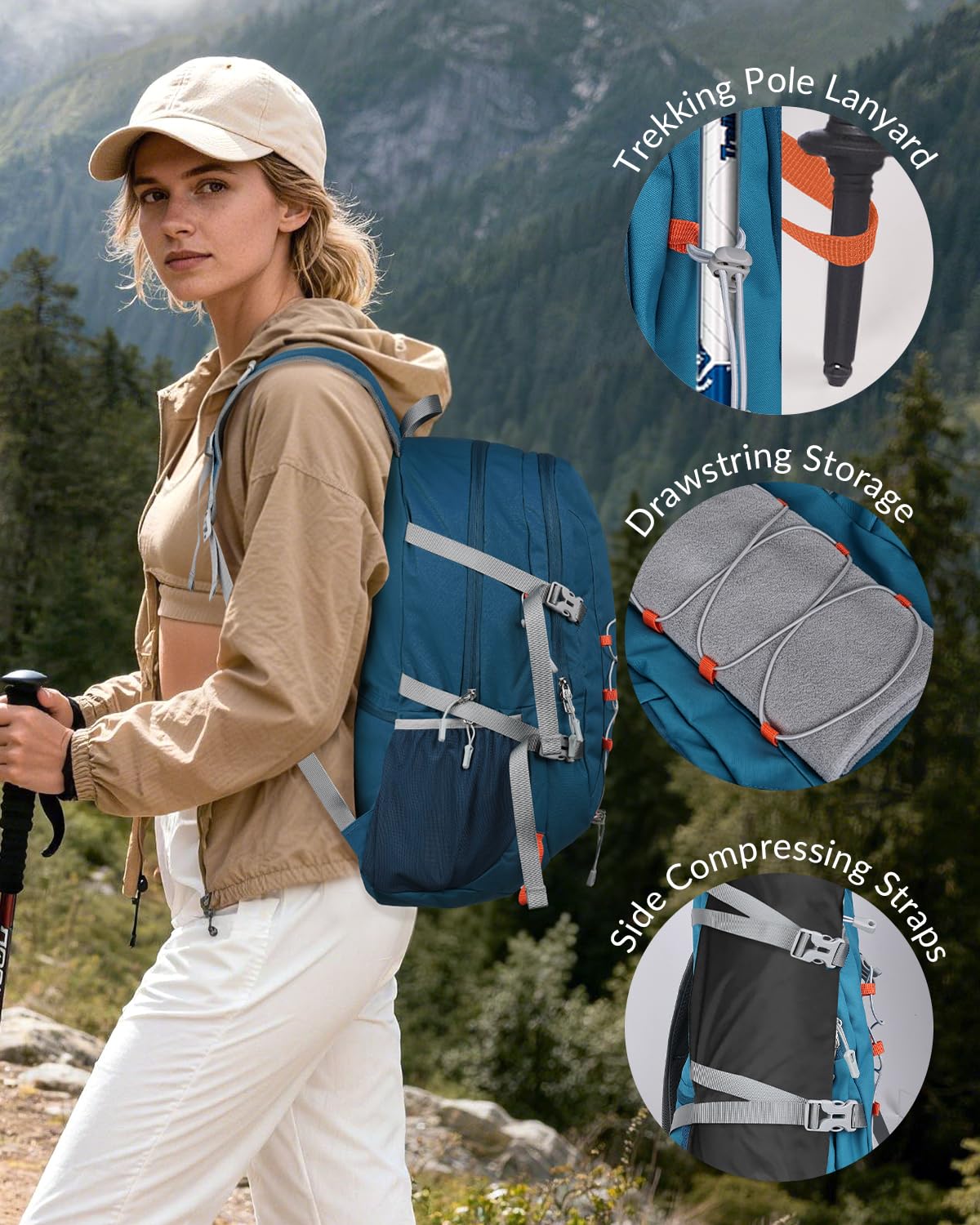 Zaino da trekking pieghevole da 35 l, unisex, leggero, con cinghia toracica, grande zaino pieghevole per campeggio, viaggi, sport, Blu, L, Casual