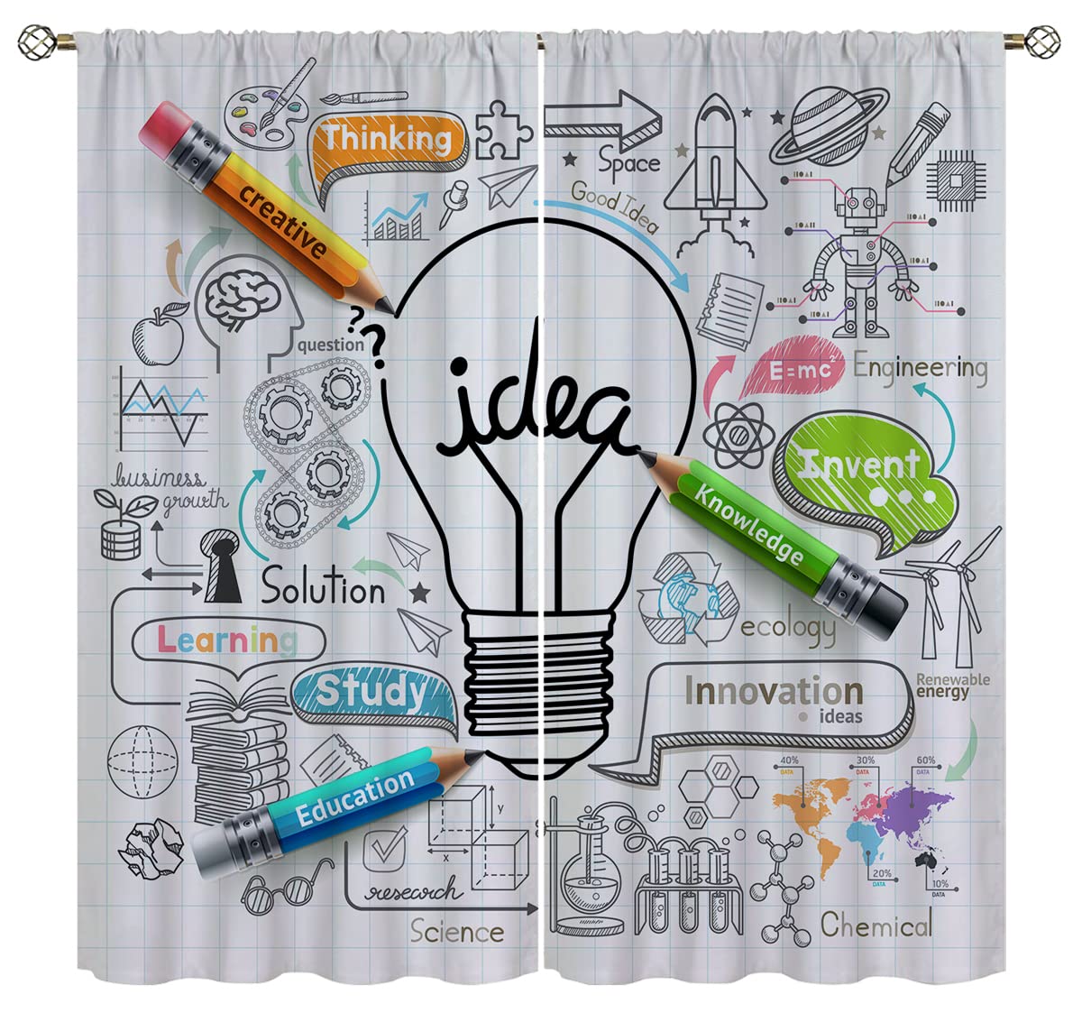 pop-belief Science Black Out Curtains for Home Decor,Study Innovation Education Knowledge Rod Pocket Thermal Insulated Drapes Darkening Window Curtain for Girls Boy Bedroom Living Room 55 x 63 Inch