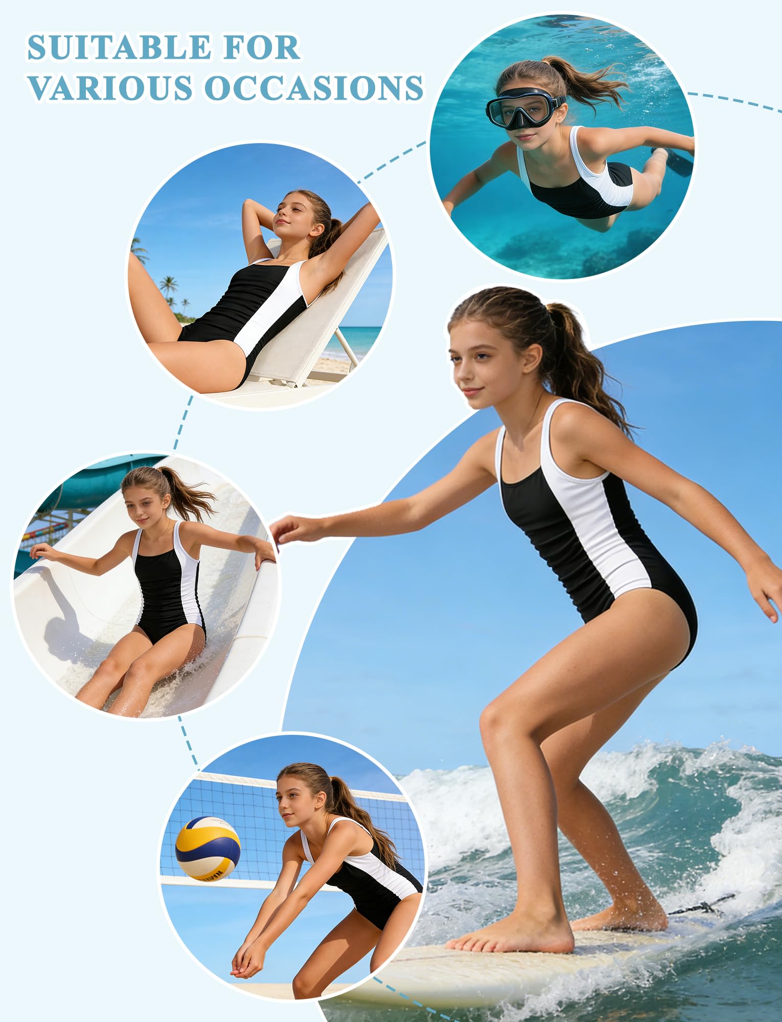 SEAUR Costume da bagno intero per bambine, costume da bagno sportivo senza maniche, spalle larghe, per 7-16 anni