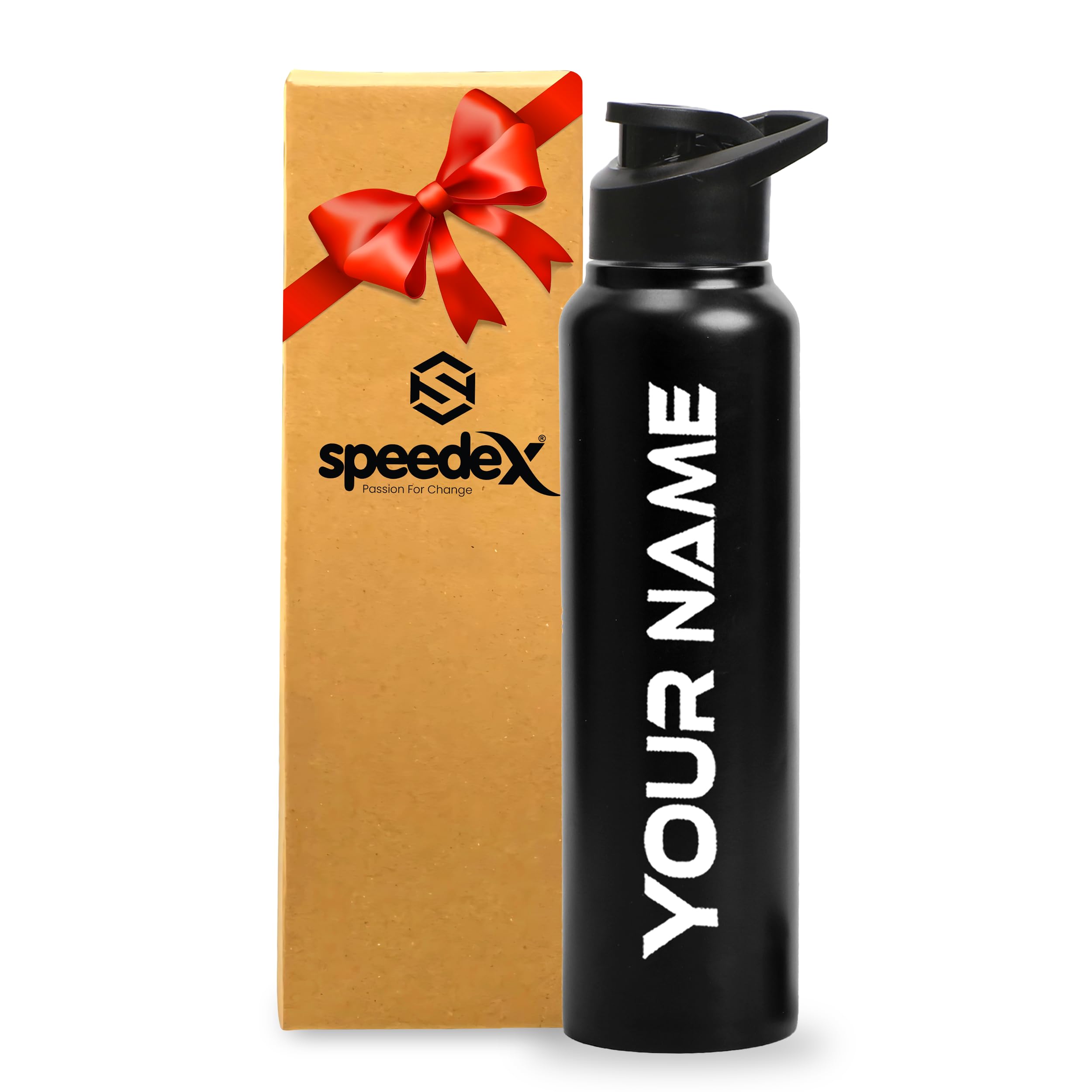 Speedex Customised Stainless Steel Water Bottle 1 Ltr with Name – Personalised Engraved Sipper Cap Bottle for Kids, Men & Women, School, Gym, Office Midnight Black, Set of 1