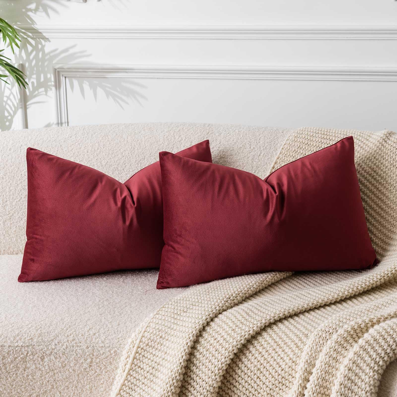 JUSPURBET Burgundy Decorative Velvet Throw Pillow Covers 16x24,Pack of 2 Luxury Soft Solid Cushion Cases for Sofa Couch Bed