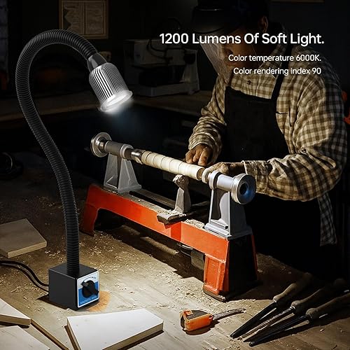 Miniatura 3 de Luz magnética, 1200 lúmenes, 120 V, luz de trabajo flexible de cuello de cisne con base magnética ajustable para fresado CNC, máquina de coser,