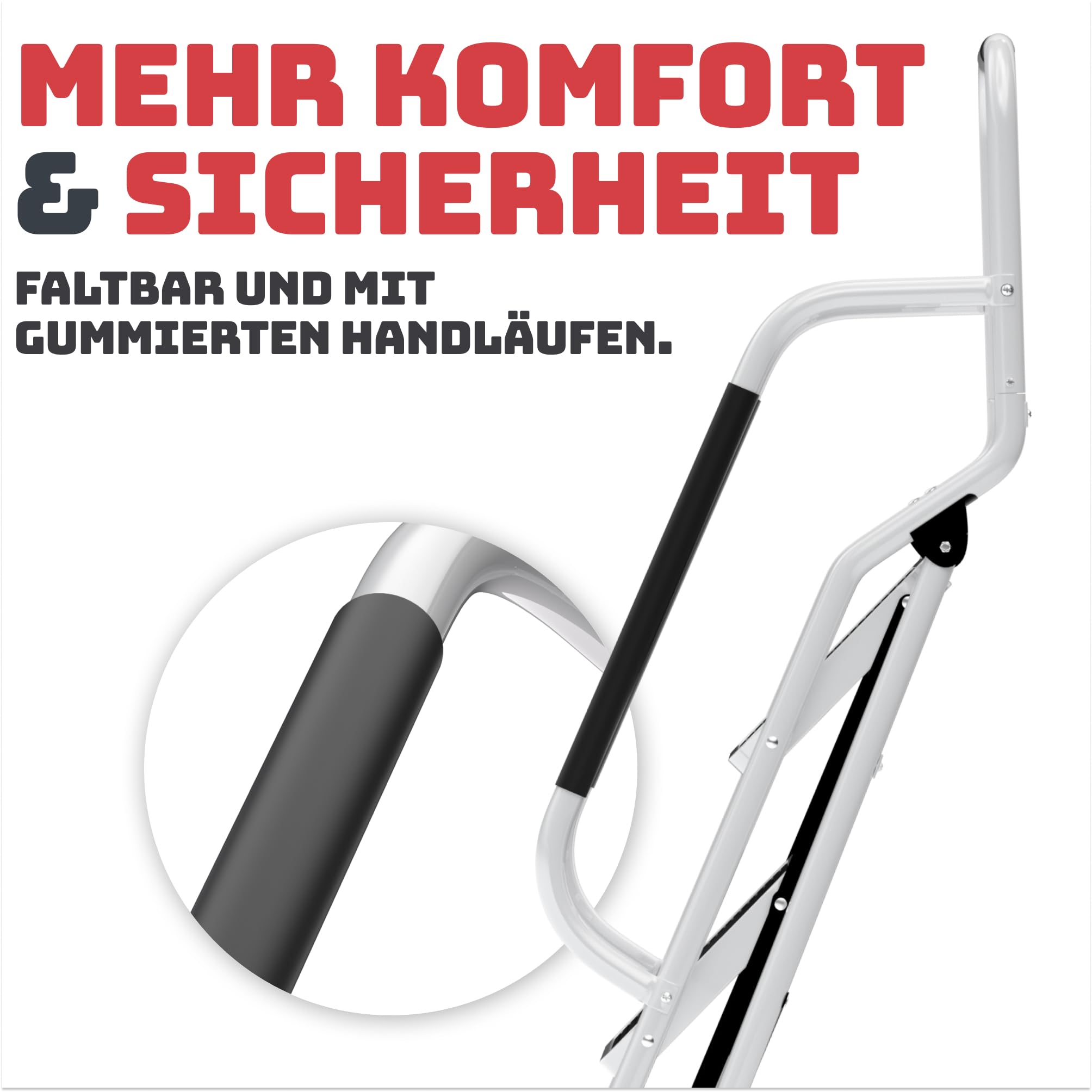 Sicherheitsleiter 4 Stufen Klappbar TÜV Rheinland Zertifiziert 150kg Anti-Rutsch Trittleiter mit Handlauf Weiß