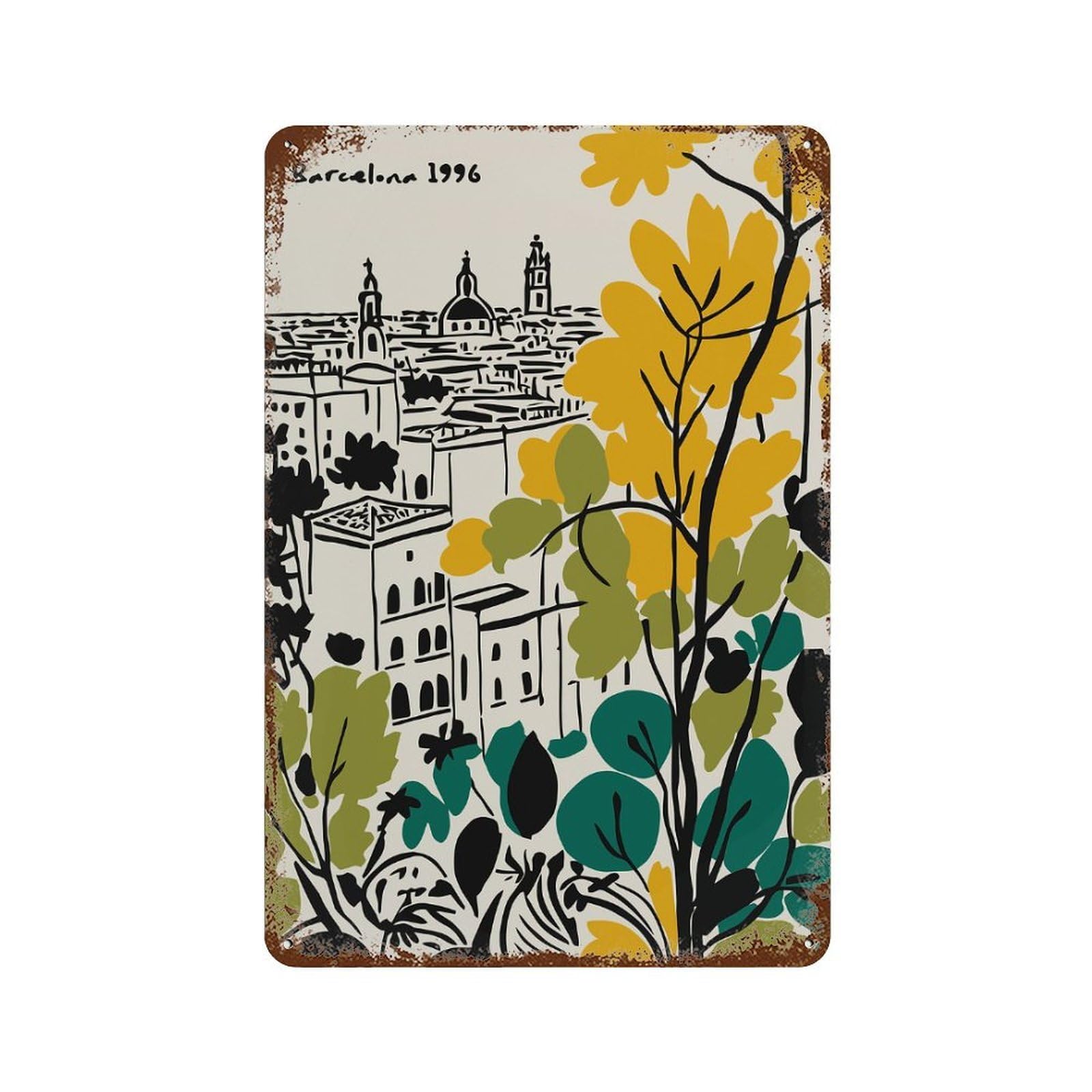 Barcelona 1996 Cityscape Illustration Retro Metal Sign 11.8"x7.9", Decorative Metal Wall Art for Garage, Bar And Workshop Decor