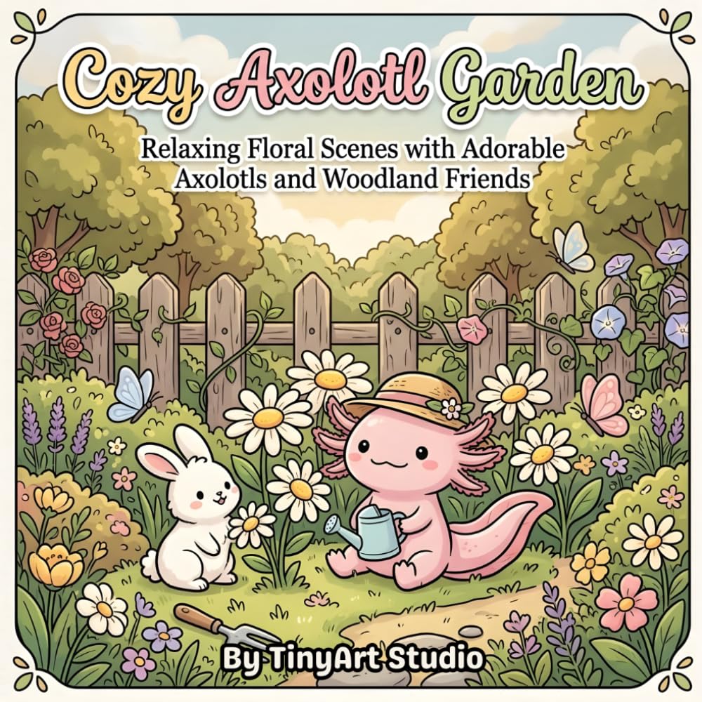 Cozy Axolotl Garden Retreat: A Cute Axolotl Coloring Book for Adults: Relaxing Kawaii Garden Scenes, Plants, Flowers, and Adorable Animal Friends for ... (Cute & Cozy Axolotl Friends Coloring Book)