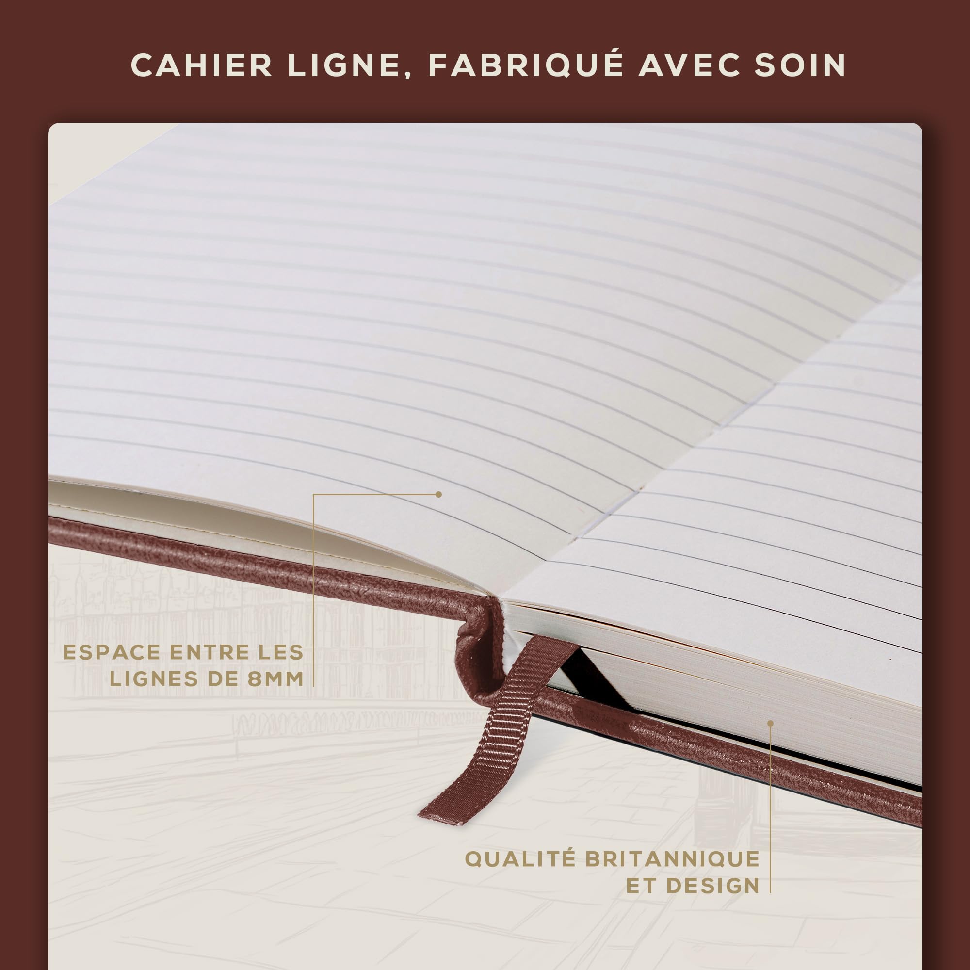 Carnet de Notes A5 Marron Couverture Rigide Cuir Vegan Papier Ligné 120 g/m² Beechmore Books