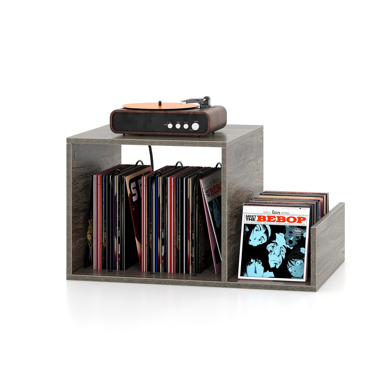 COSTWAY Supporto per Giradischi con Presa di Corrente, Espositore per Dischi con Presa di Corrente e Porta USB, Capacità Fino a 145 Album, per Soggiorno e Camera da Letto, 66 x 45 x 67 cm (Grigio)