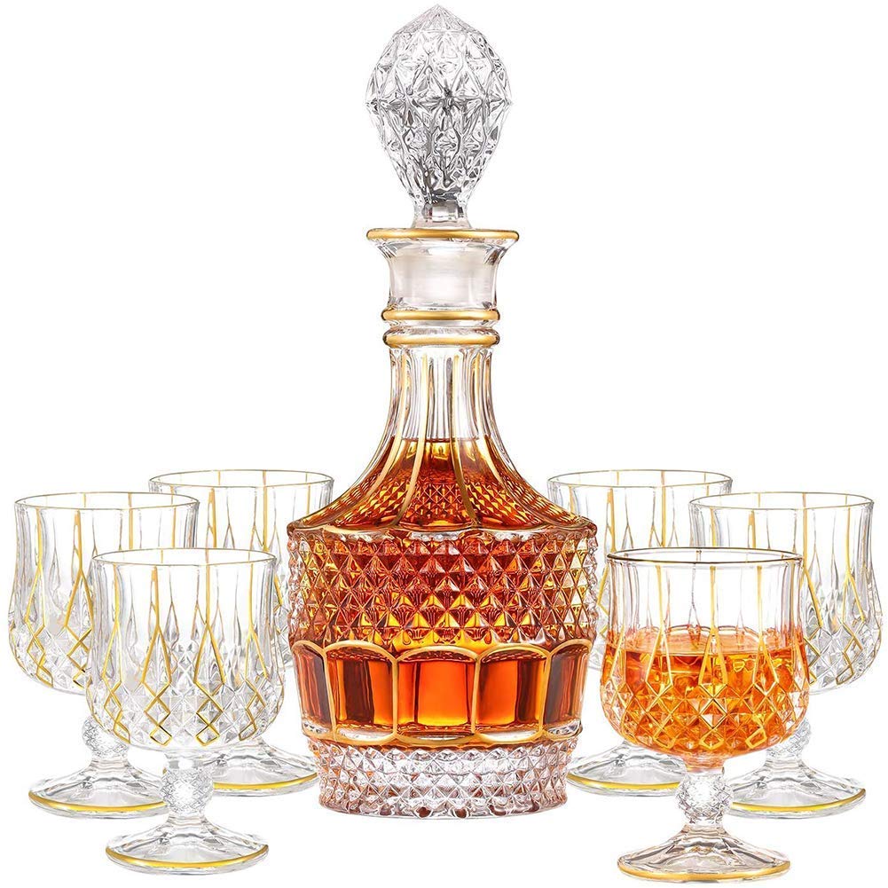 Genérico Juego De Decantador De Cristal, Copa De Whisky con Borde Dorado