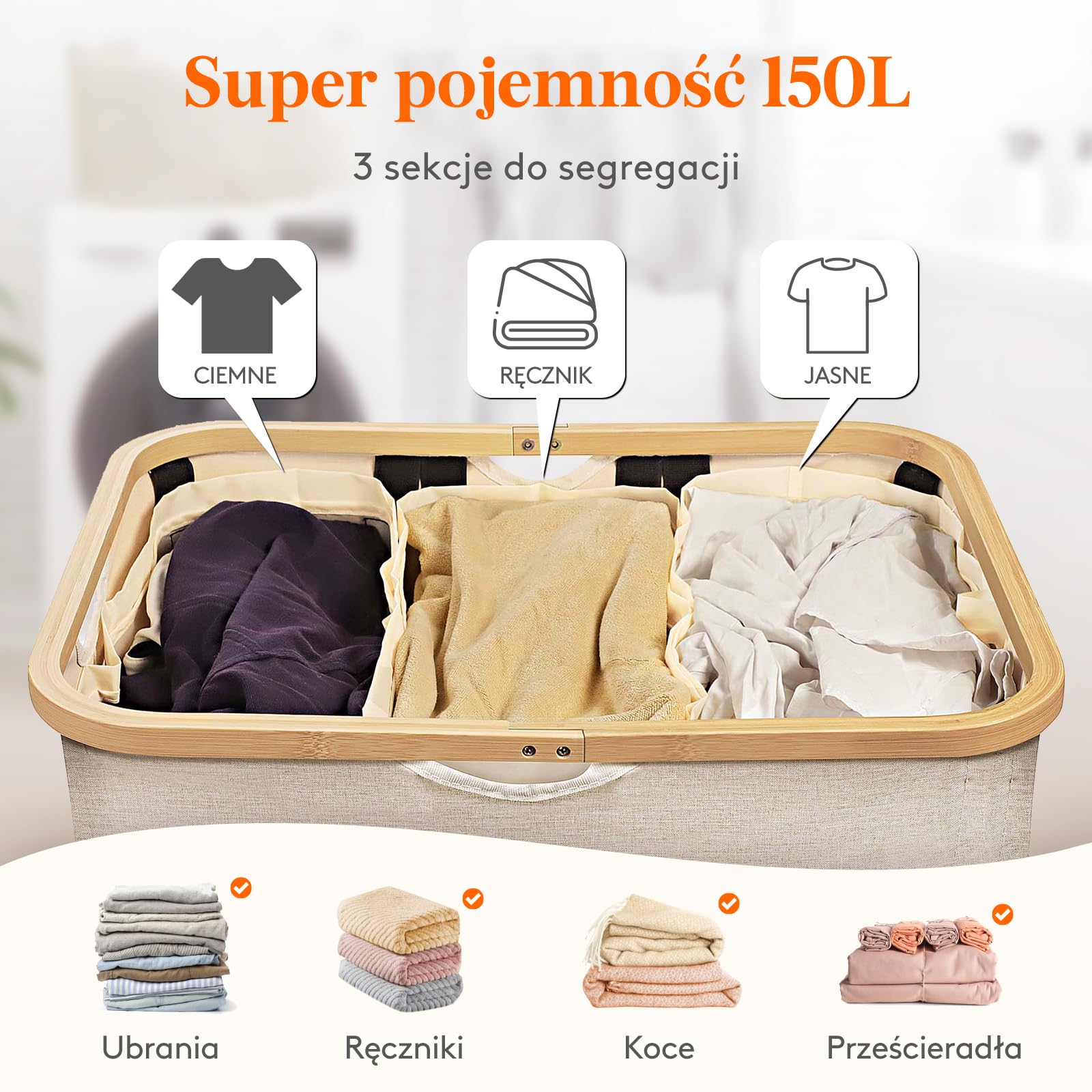 Lifewit 150L Kosz na pranie z pokrywką, Zbieracz prania 3 przegródki, Duży pojemnik na pranie, Sortownik prania, Beczka na pranie, Sortowanie prania, Pojemnik na pranie, Kosze na pranie do pralni