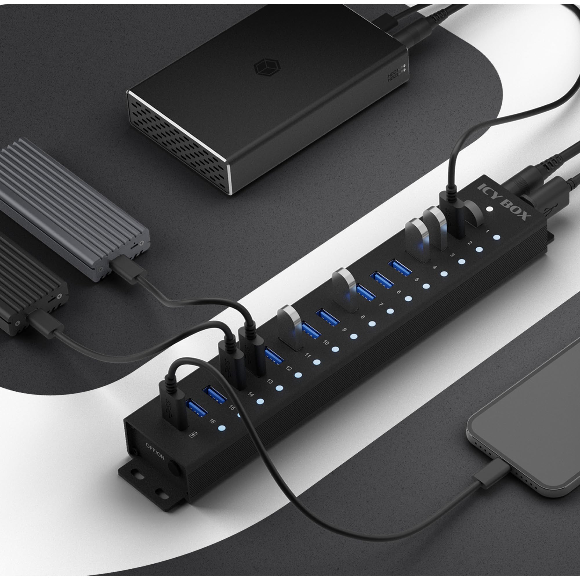 ICY Box Hub USB (17 Ports) 16 Ports USB & 1 Charge USB, USB 3.2 Gen 1 (5 Gbit/s par Port), avec Bloc d'alimentation 96 W, USB-A, Aluminium, IB-HUB1717-U3