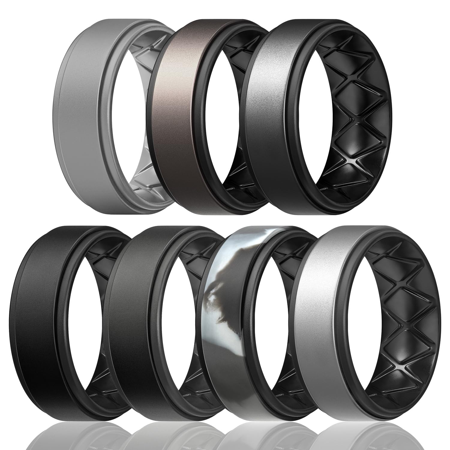 Egnaro Men's Wedding Rings 8mm Wide 2mm Thick Rubber Bands, Breathable and Flexible Step Edge Ring, Variety Multipack 1-7 For Gym Workout Travel Daily Wear