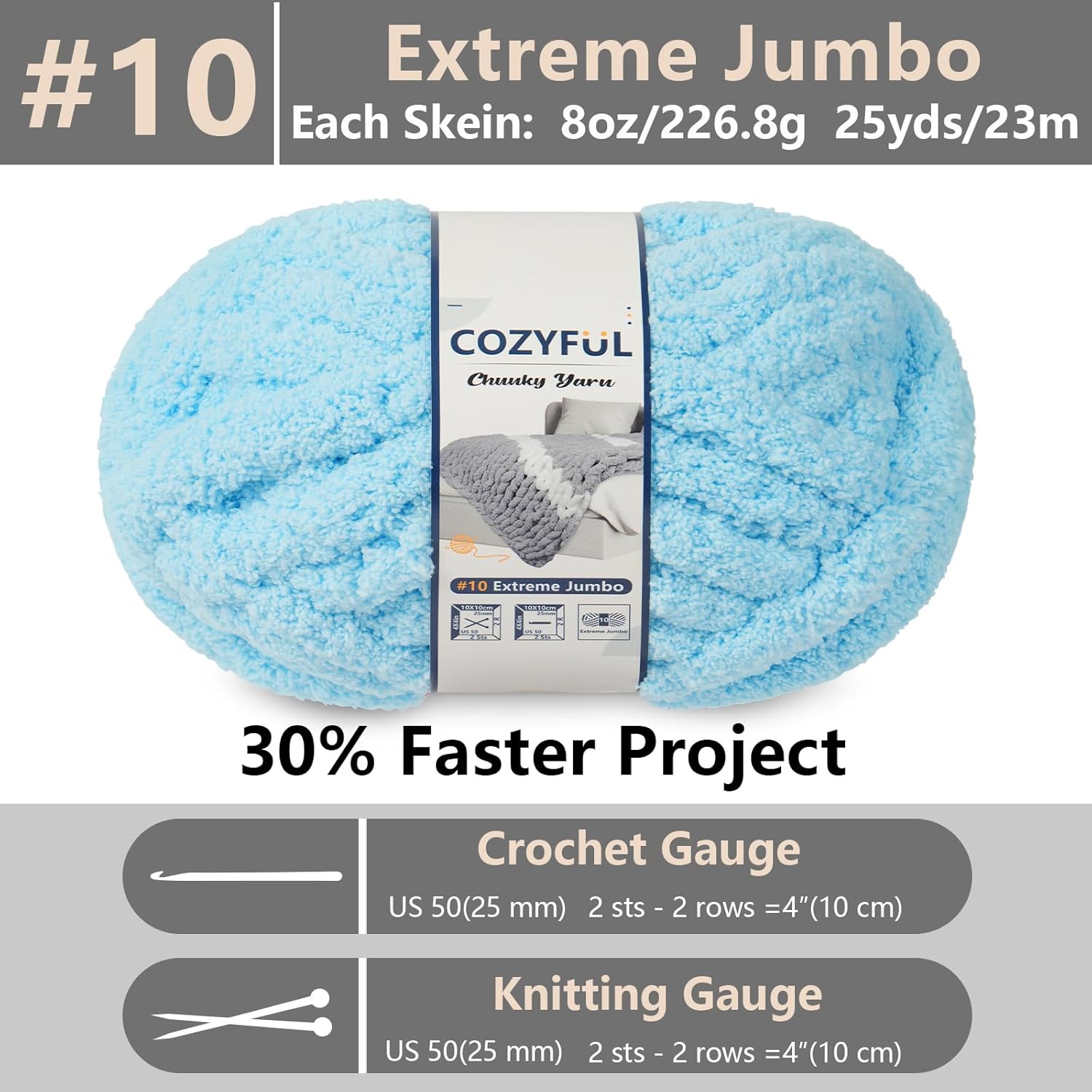 Cozyful Chunky Yarn for Hand Knitting - #10 Chunky Chenille Yarn, Jumbo Big Thick Chunky Yarns for Crocheting, Super Bulky Chunky Knit Blanket Yarns, 8 Skein (25 yds 8 oz Each Skein), Sky Blue