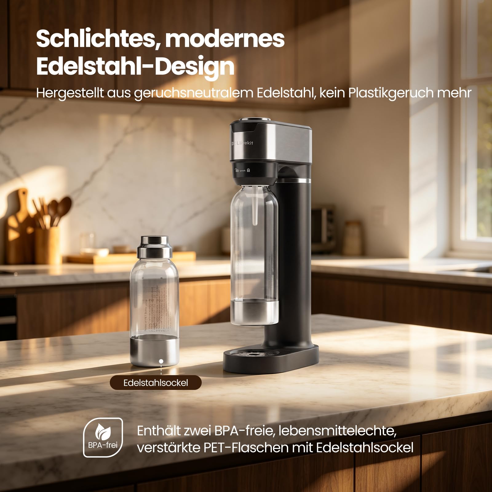 LLIVEKIT Wassersprudler, mit 4 einstellbaren Sprudelstufen, inkl. 0,5 L und 1 L PET-Flaschen BPA-frei, Sprudelwasser Maschine mit Abtropfschale, doppelte Sicherheitsventile, Schwarz
