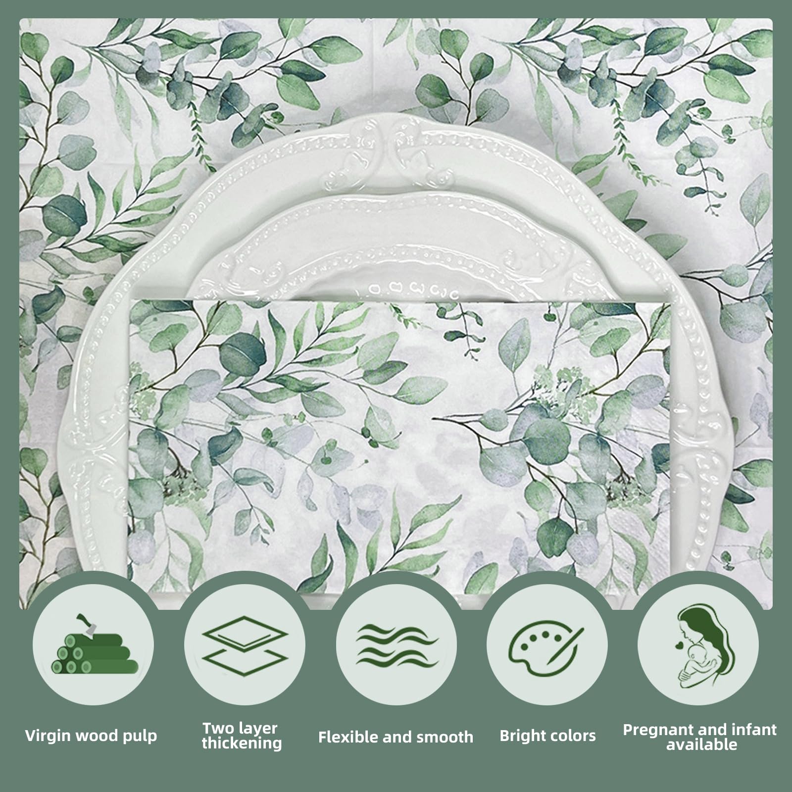 Serviettes Biodégradables Fête Serviettes En Papier Vert Eucalyptus - Lot De 80 - 33x33cm - Pour Mariage, Baptême, Fêtes Lot 80 Serviettes