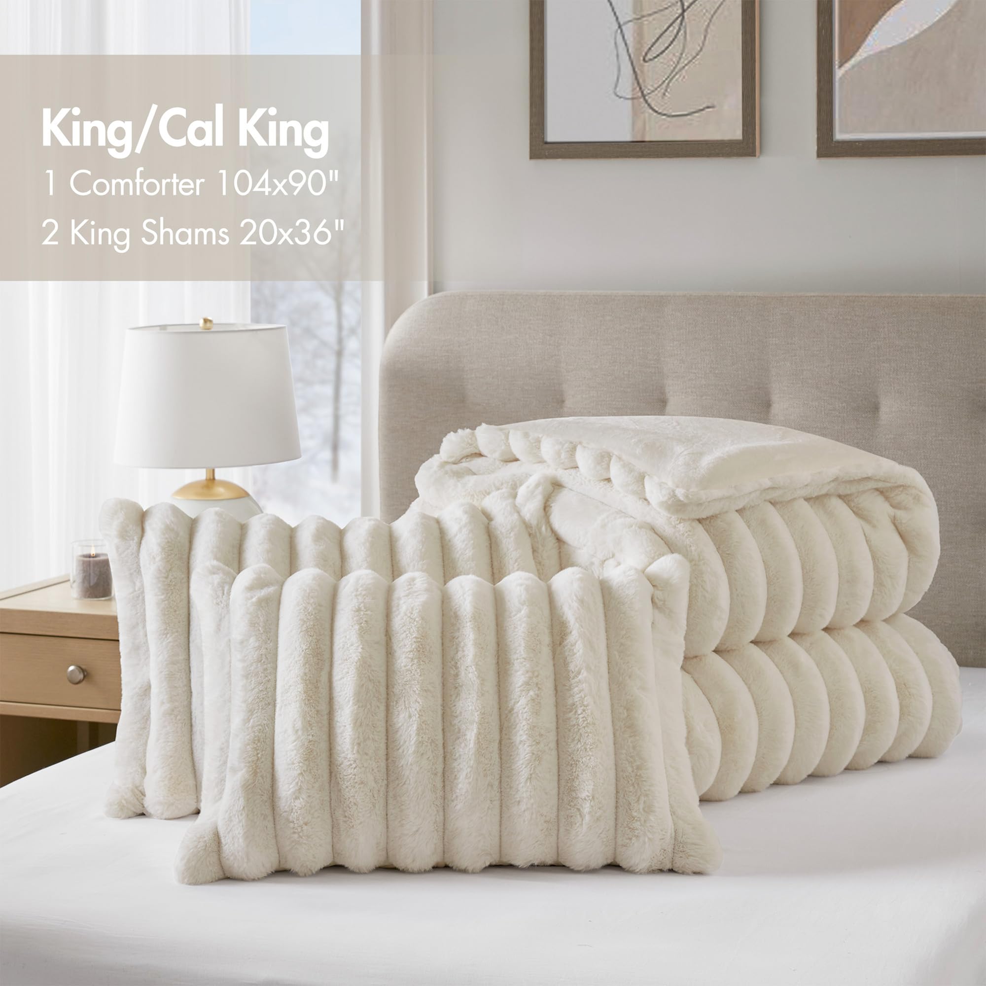 Madison Park Zestaw pościeli na łóżko king size, dwustronne, pluszowe kołdry ze sztucznego futra, na łóżko king-size, całoroczne, luksusowe, prążkowane, aksamitne, zestaw pościeli, jaśmin, King Size