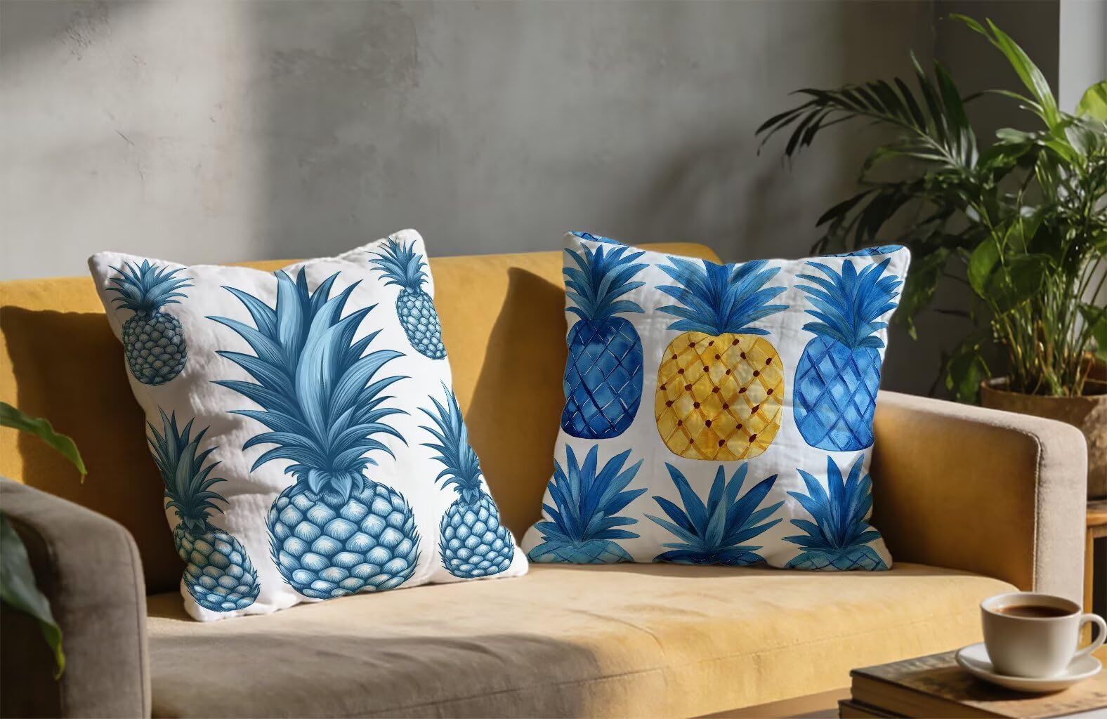 Housse De Canapé 65x65 cm Lot de 2 Bleu Coussin Canape 65 x 65 Coussin Decoratif Lin Coussincarré Ananas Impression Recto Verso avec Fermeture éclair Invisible pour Printemps Été Décoration 2-471LSL
