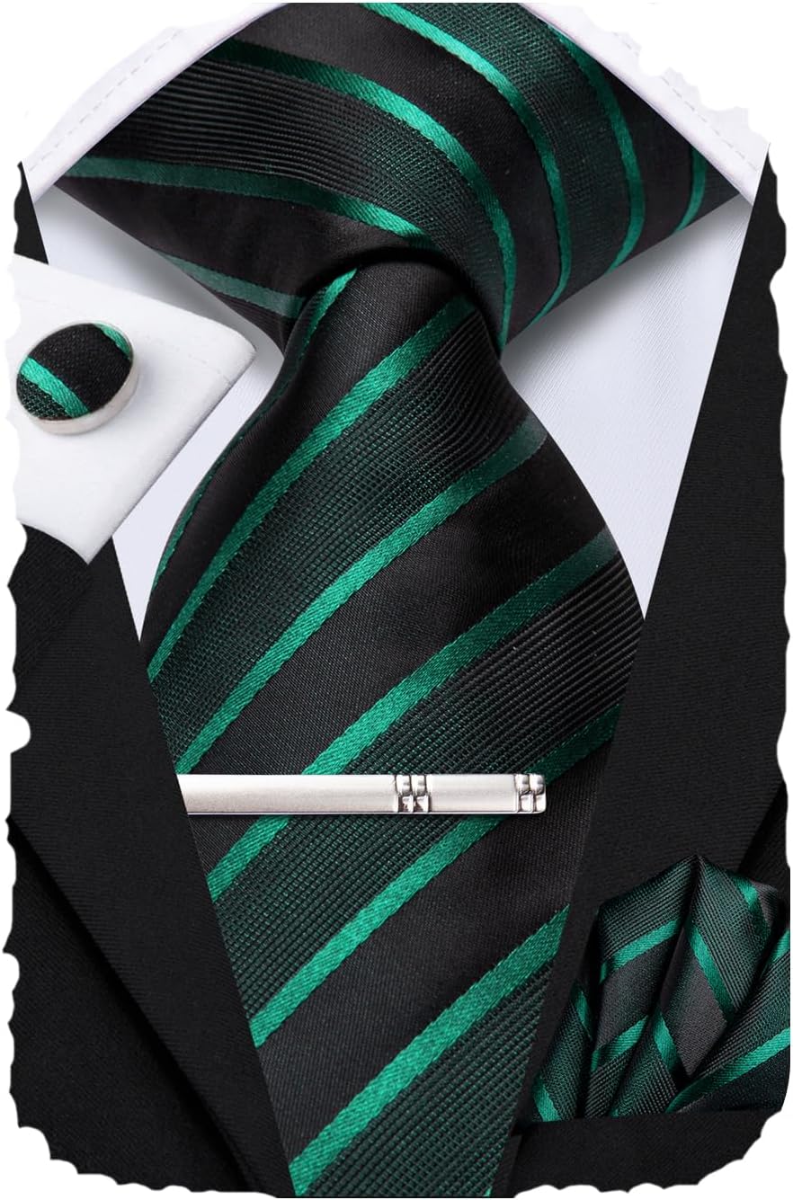 Hi-Tie Classic Mens Silk Ties Set 4 PCS Necktie Pocket Square Cufflinks Clip Pin Solid Strip Paisley Tie,Black Teal Green
