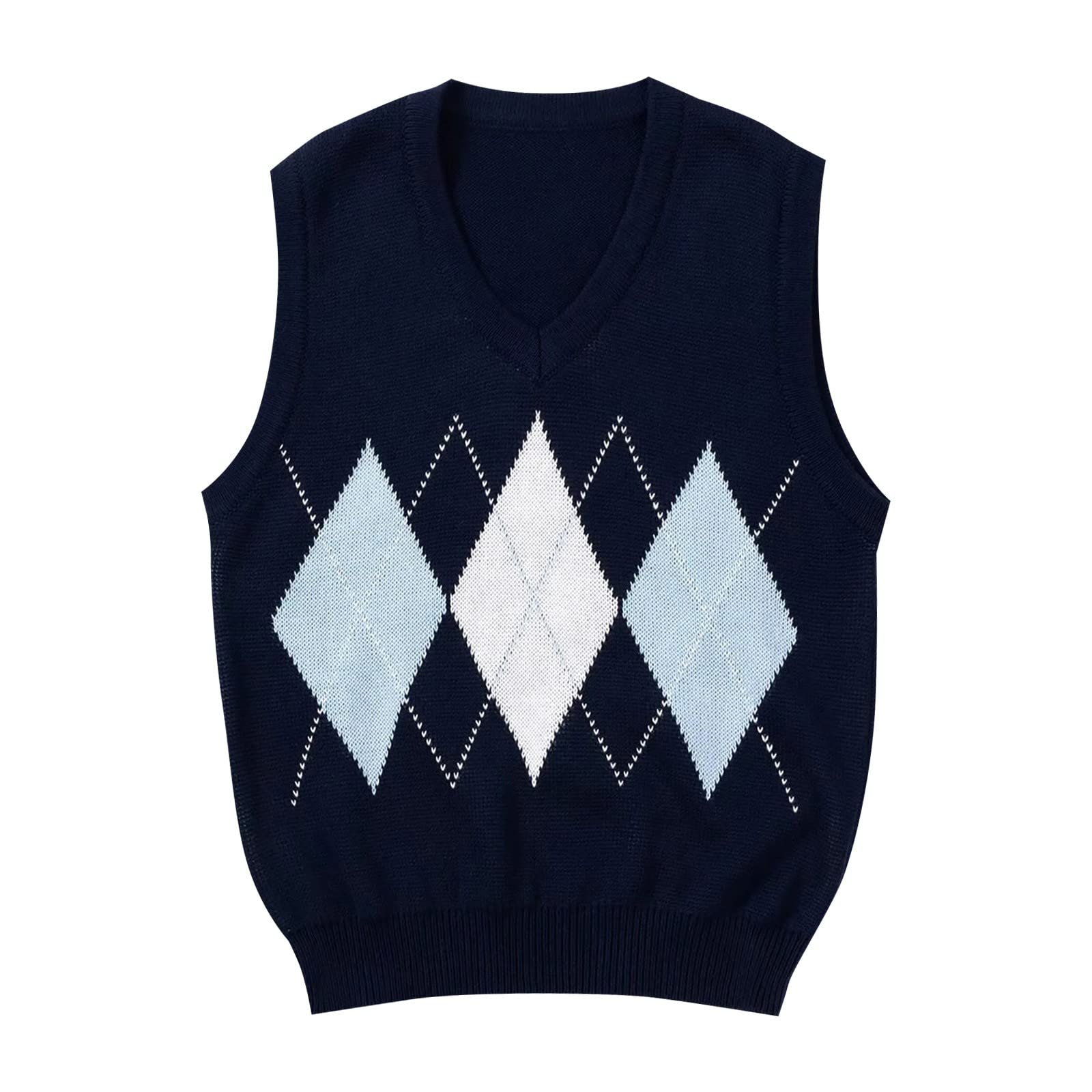 Sleeveless Jumpers for Women UK V-Neck Knitted Waistcoat Checkered Sweater Vests Knit Tank Top Crochet Gilets Cardigan Knit Jacket Vest Outerwear Sweatshirts Pullover Knitwear Seasonal Outfit