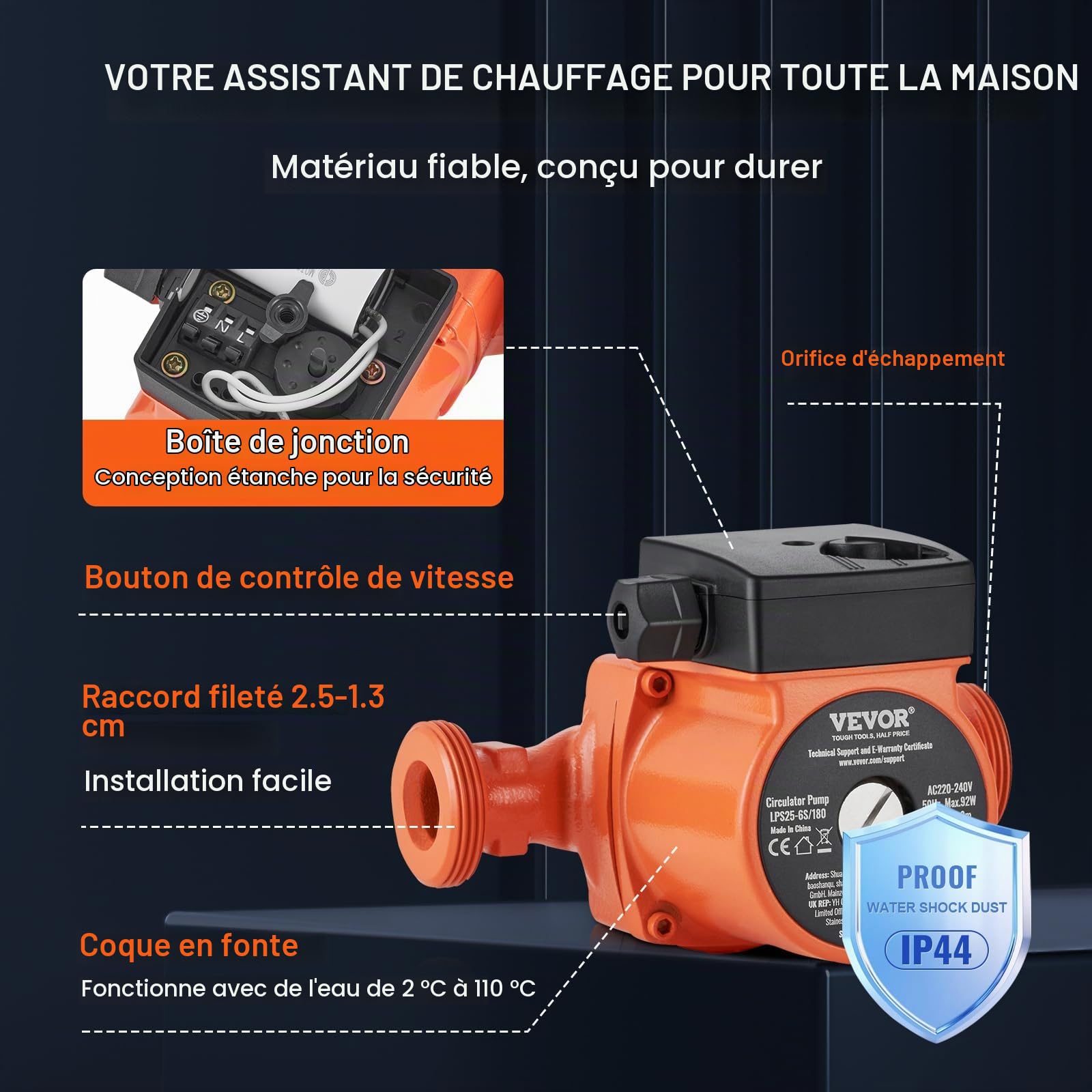 VEVOR LPS25-6S-180 Pompe de Circulation d'eau Chaude, Orange