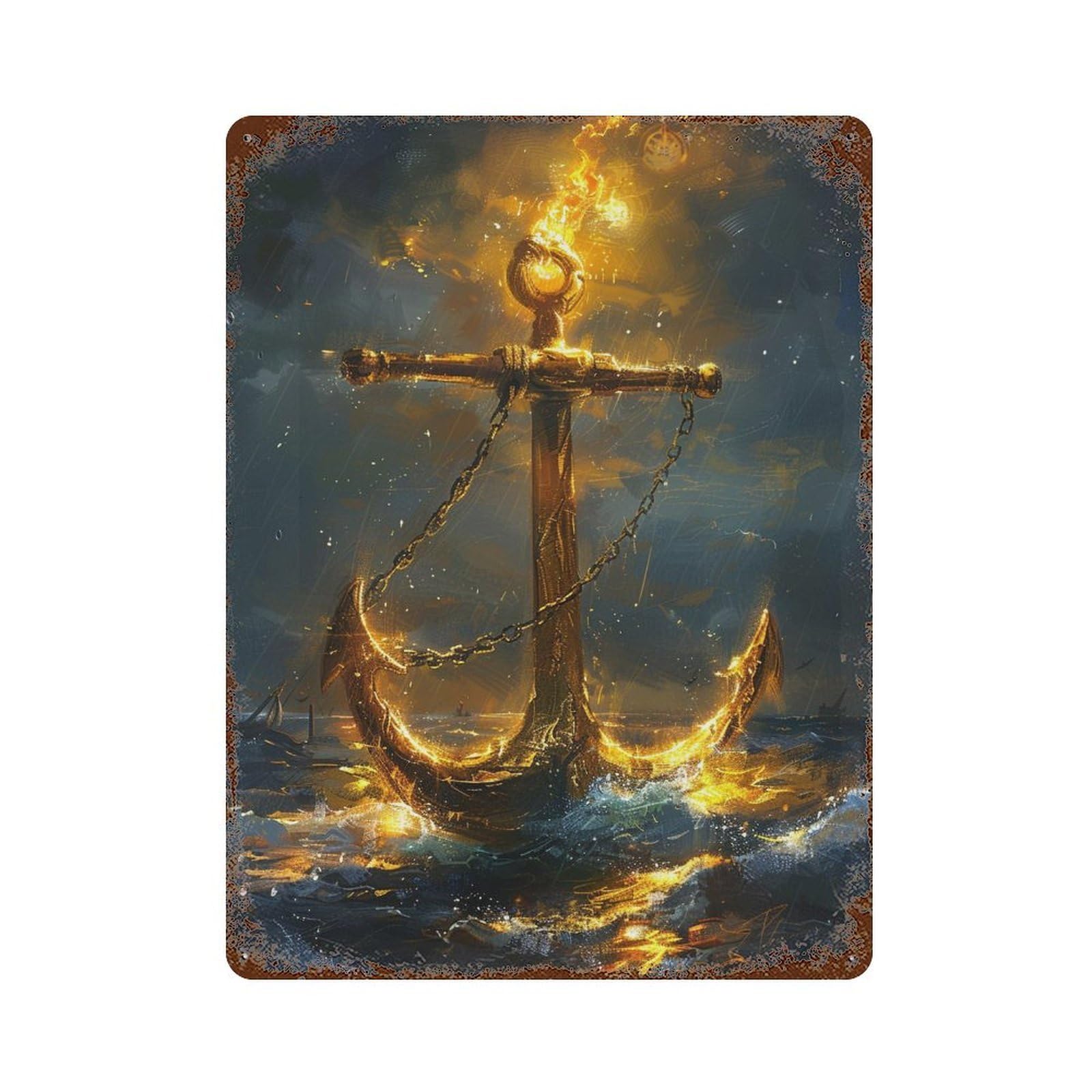 Golden Anchor in Stormy Sea Vintage Metal Tin Sign 15.7"x11.8", Ideal for Cafe, Home Bar And Lounge Decor