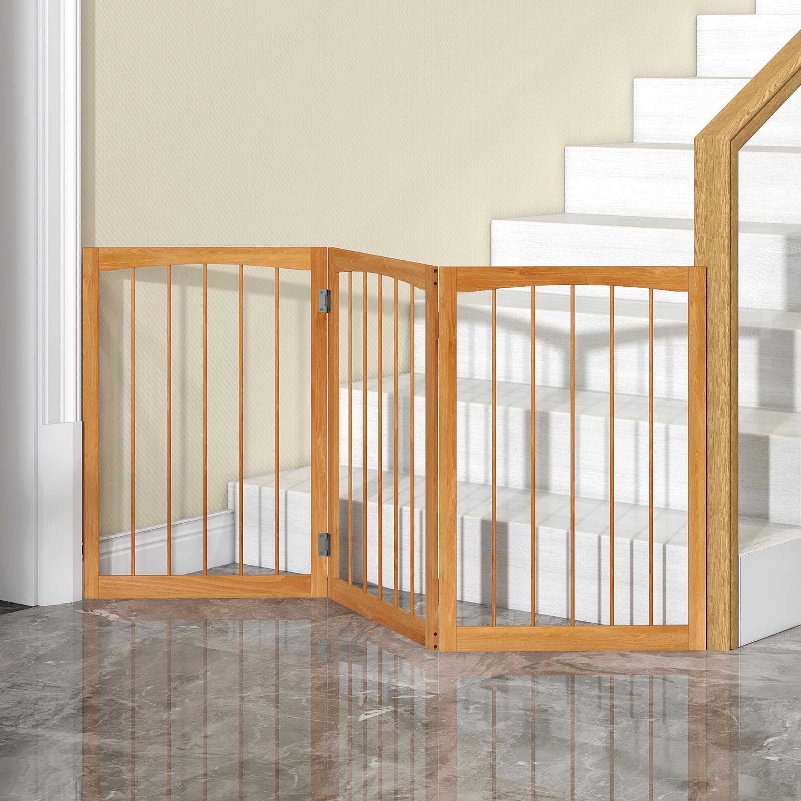 COSTWAY Cancelletto in Legno per Cani 159 x 76 cm, Recinto per Bambini, Cancello Pieghevole a 3 Pannelli per Porte, Scale e Corridoi (Marrone)