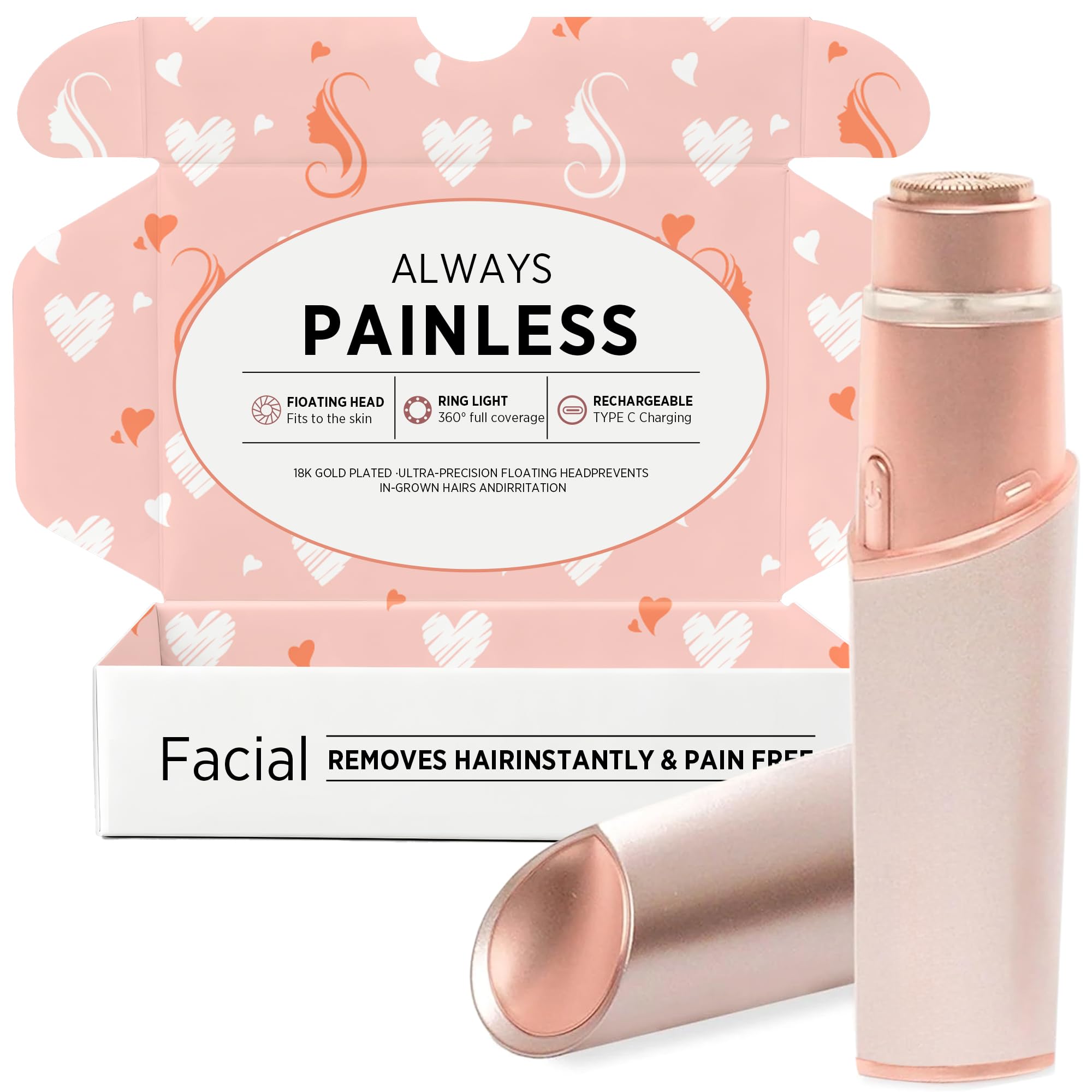 Facial Hair Removal for Women: Electric Hair Removal Device - Rechargeable Painless Face Razor for Chin Upper Lip Peach Fuzz with Light Gifts for Women(Rose Gold)