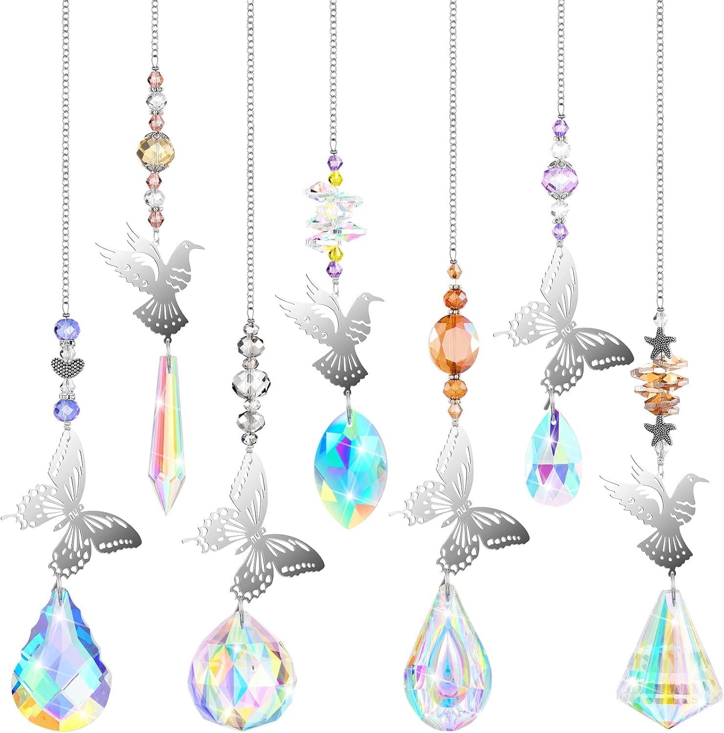 Hicarer 7 Pieces Crystals Suncatcher Butterfly Sun Catchers Colorful Crystal Chandelier Pendant Hummingbird Wall Hanging Tree Window Prism Ornament (Novel Colors, Hummingbird Style)
