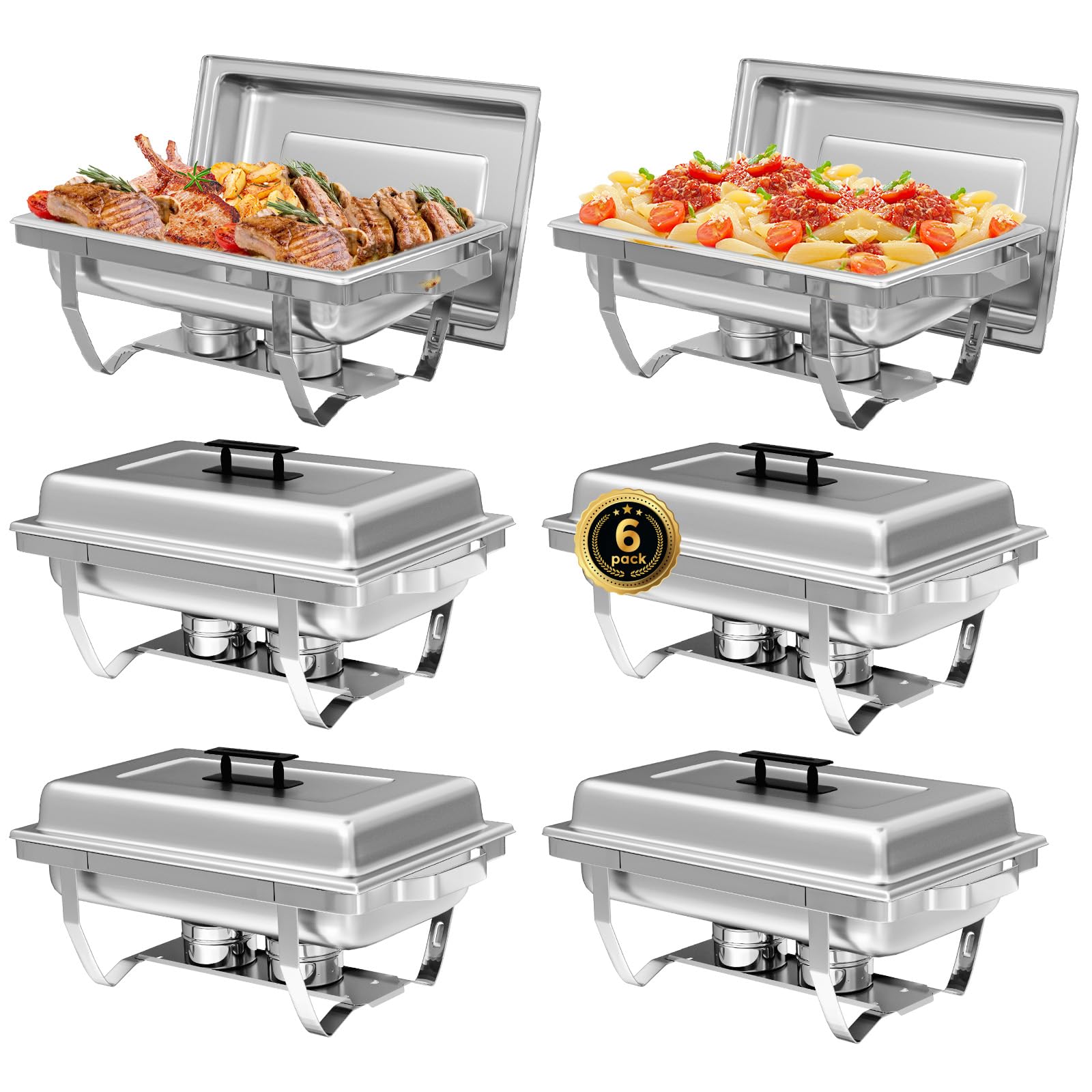 IMACONE 6 Pack Chafing Dish Buffet Set, 8QT Stainless Steel Rectangular Chafers and Buffet Warmer Sets for Catering, with Food & Water Pan, Lid, Foldable Frame, Fuel Holder for Event Party Holiday
