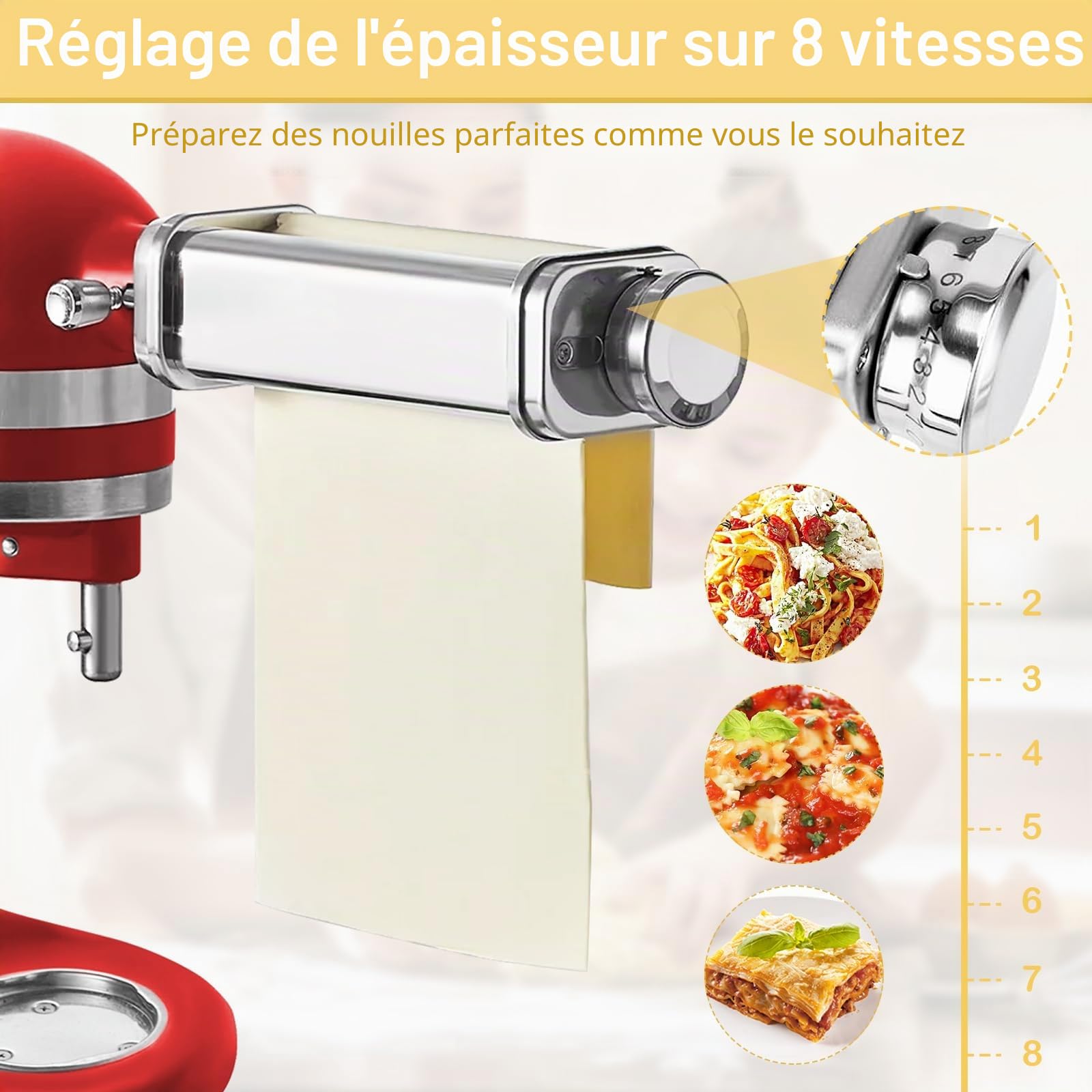 Accessoire Pâtes Inox 304 pour Robot Kenwood, Machine à Pâtes avec Bouton, 8 Épaisseurs Réglables, Laminoir à Pâtes pour Accessoires Kenwood Kmix/Chef, Argent