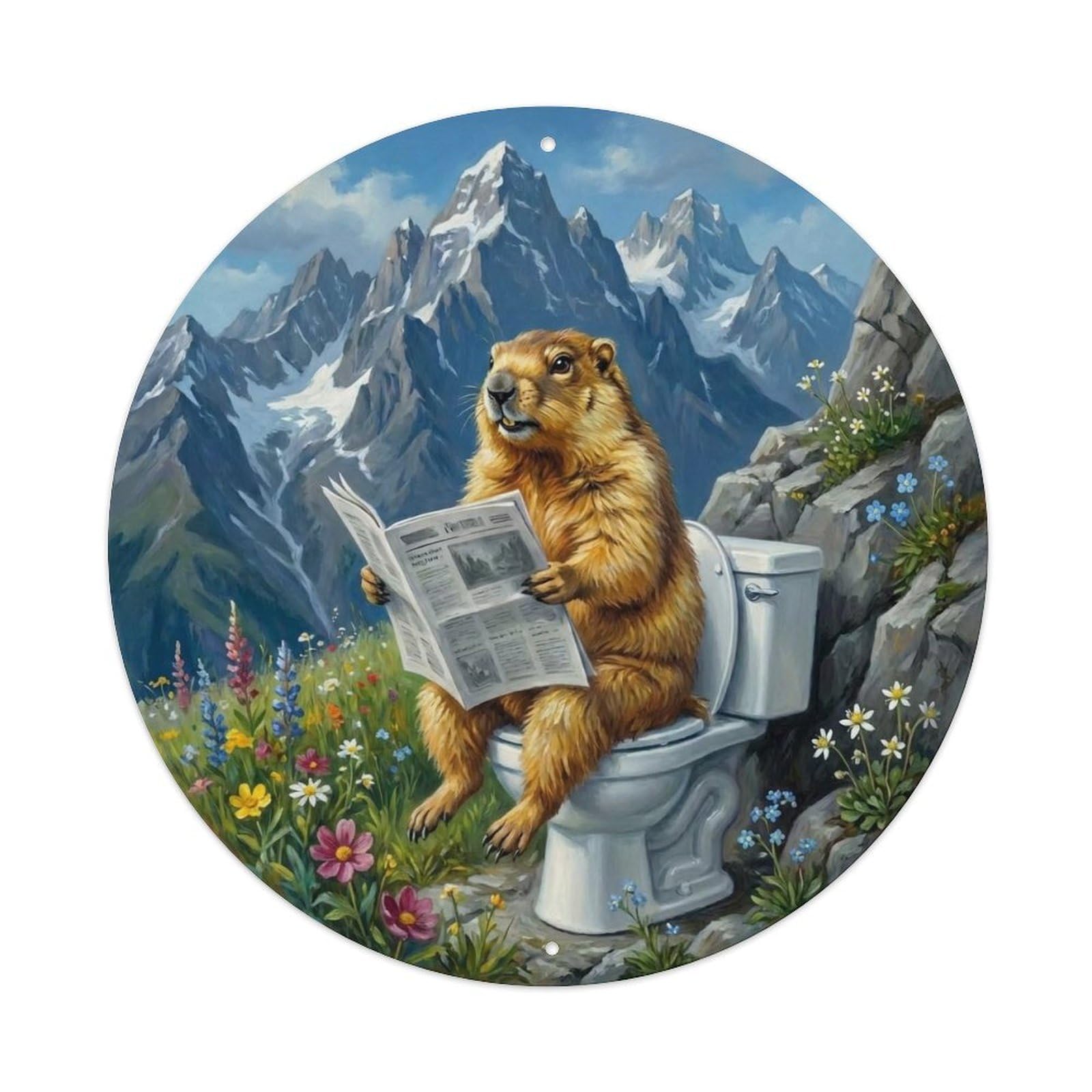 Marmot On Toilet Humorous Bathroom Alpine Meadow Reads Metal Tin Sign