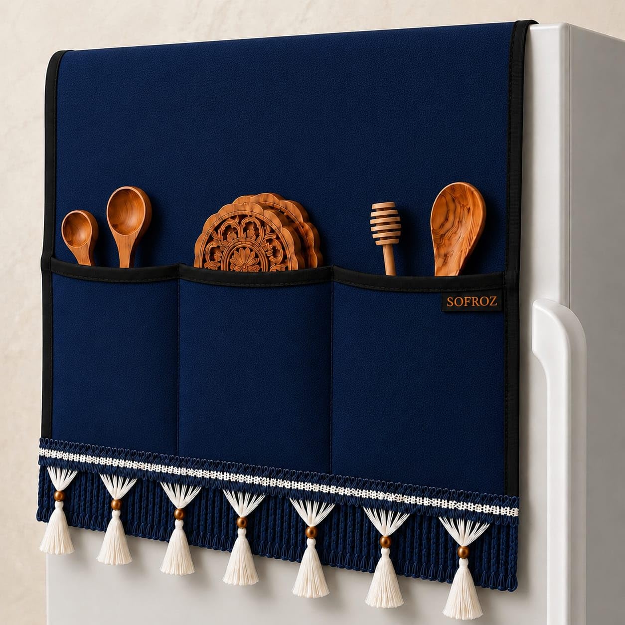 SOFROZ Refrigerator Single Door Waterproof, Dustproof, Protective Cover for Fridges with Extra Storage Space Nylon Top Cover with 6 Storage Pockets (130 x 54 cm) (Navy Blue Lace)
