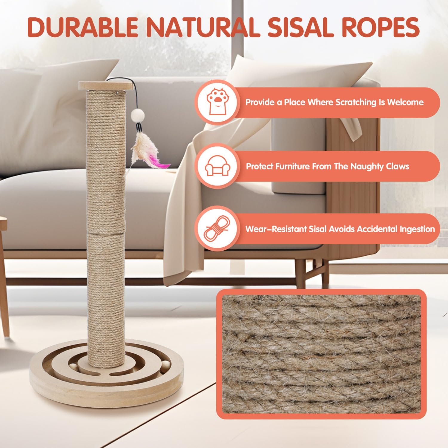 Nobleza Poste Rascador para Gatos con Base de Madera y Bolas, Árbol Rascador de Sisal Natural con Pluma, Juguete Interactivo 3 en 1, 55x30 cm