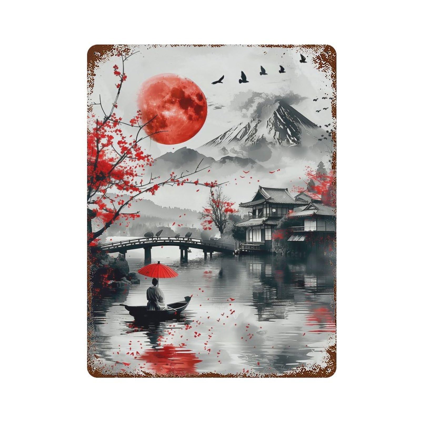 Fuji Mount Ink Wash Art Rusty Metal Tin Sign 15.7"x11.8", Ideal for Shed, Workshop And Garage Wall Decor