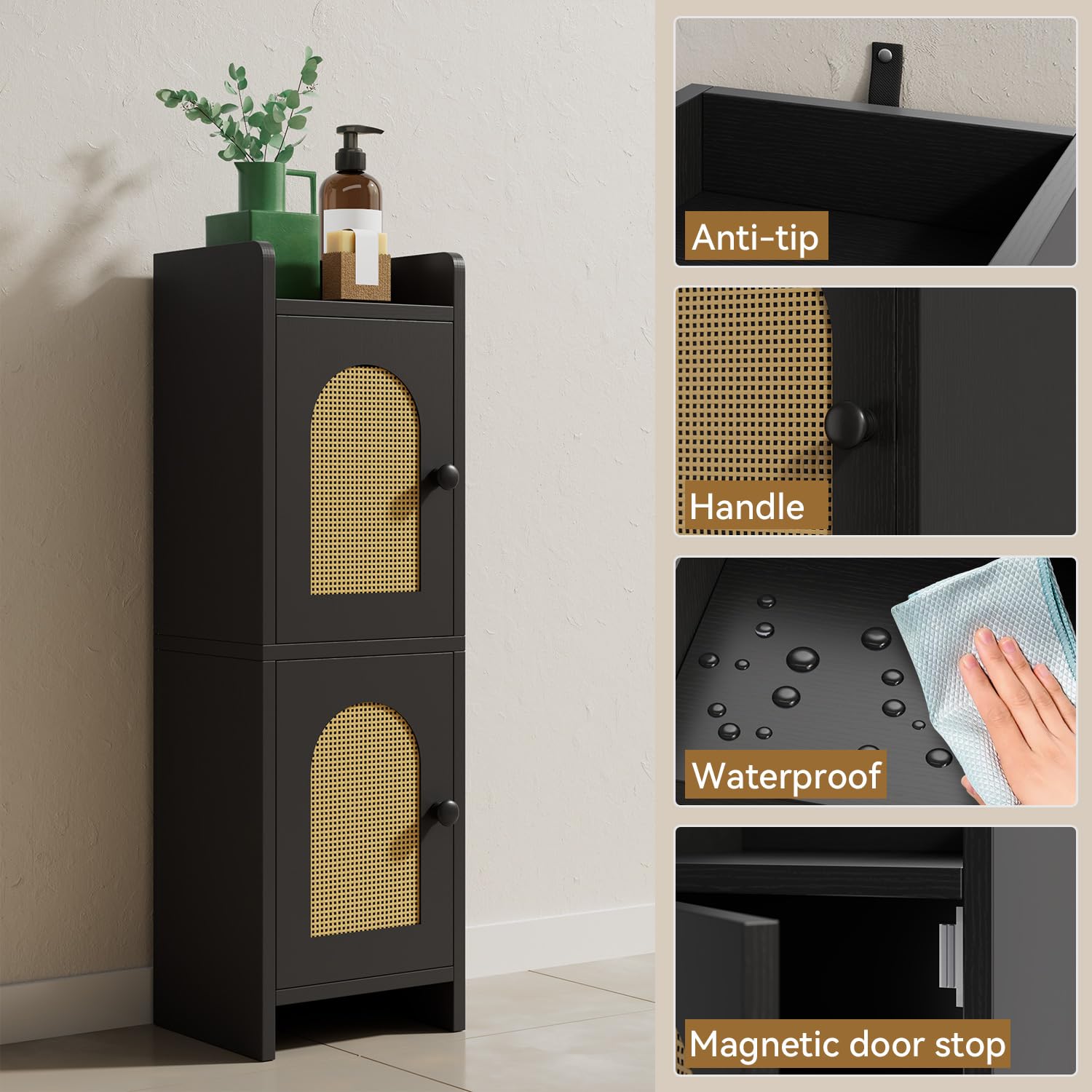 IBUYKE Kleiner Badezimmerschrank mit Rattantür, schmaler Toilettenpapierhalter, Standschrank mit verstellbaren Einlegeböden, platzsparender Organizer für Toilettenartikel WBS001B