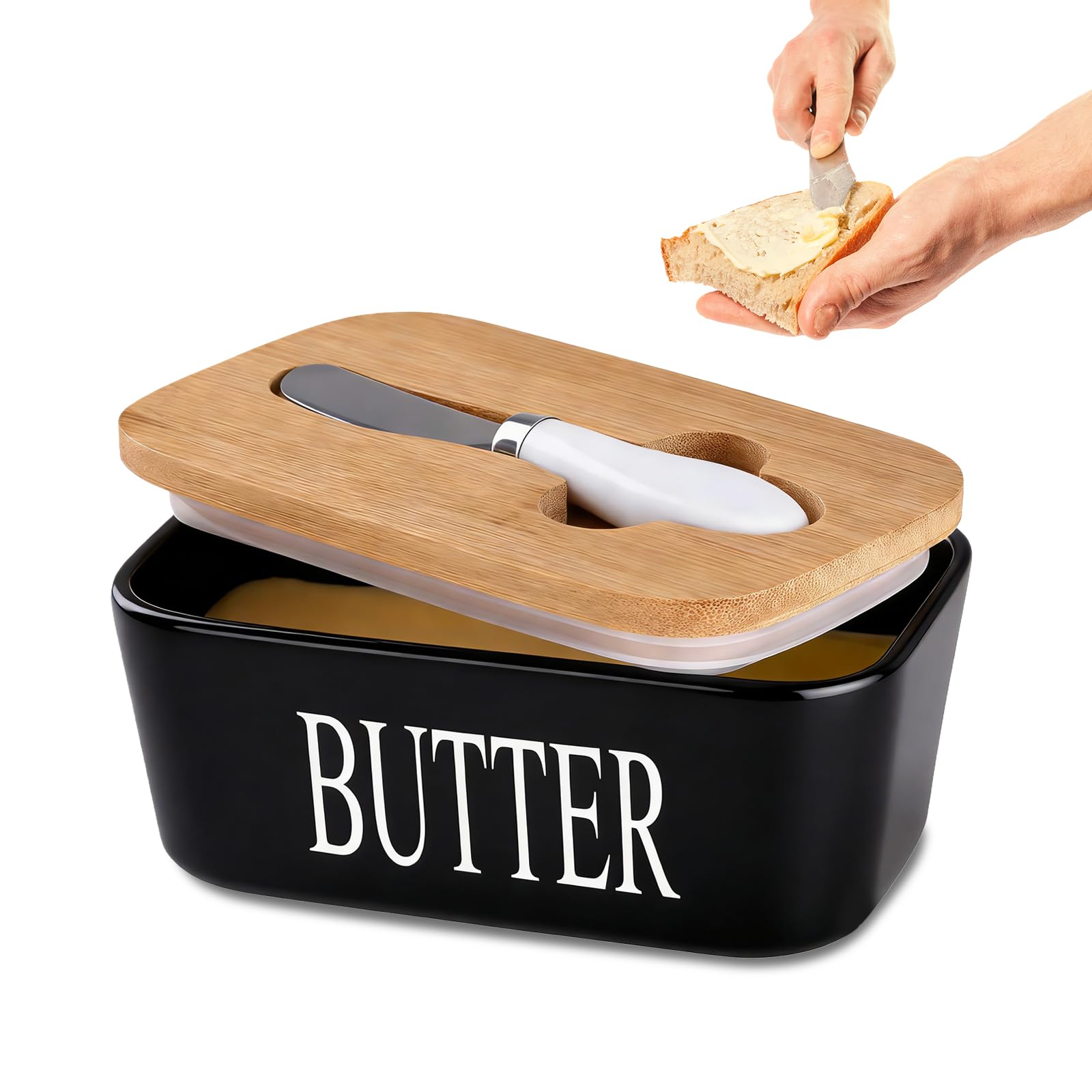Ceramic Butter Dish with Wooden Lid, Porcelain Butter Dish Container with Air-Tight Seal Lid and Stainless Steel Butter Knife - Large Butter Container Porcelain for Butter , Cheese , Storage 350ml