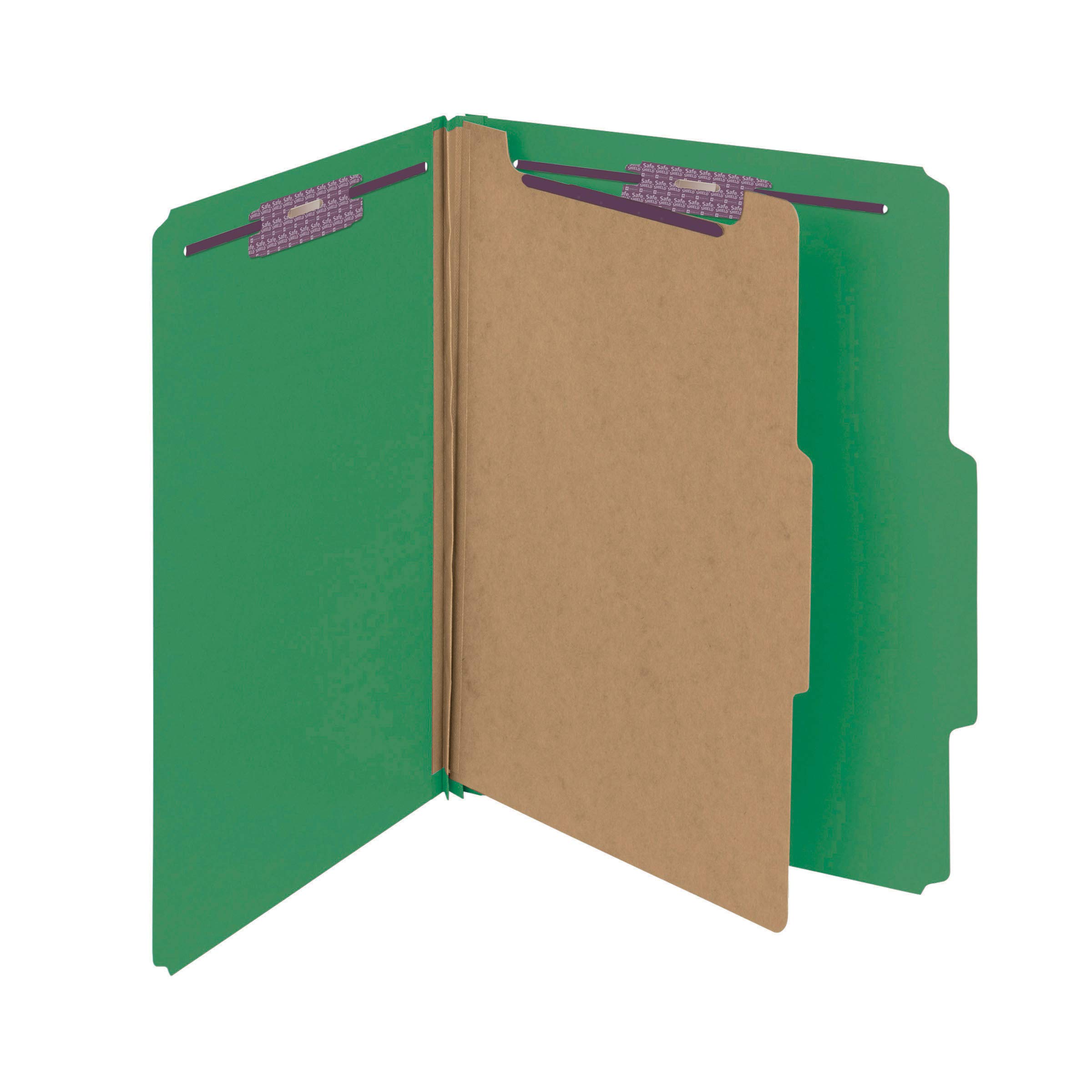 Smead Pressboard Classification File Folder with SafeSHIELD Fasteners, 1 Divider, 2" Expansion, Letter Size, Green, 10 per Box (13733) (Pack of 1)