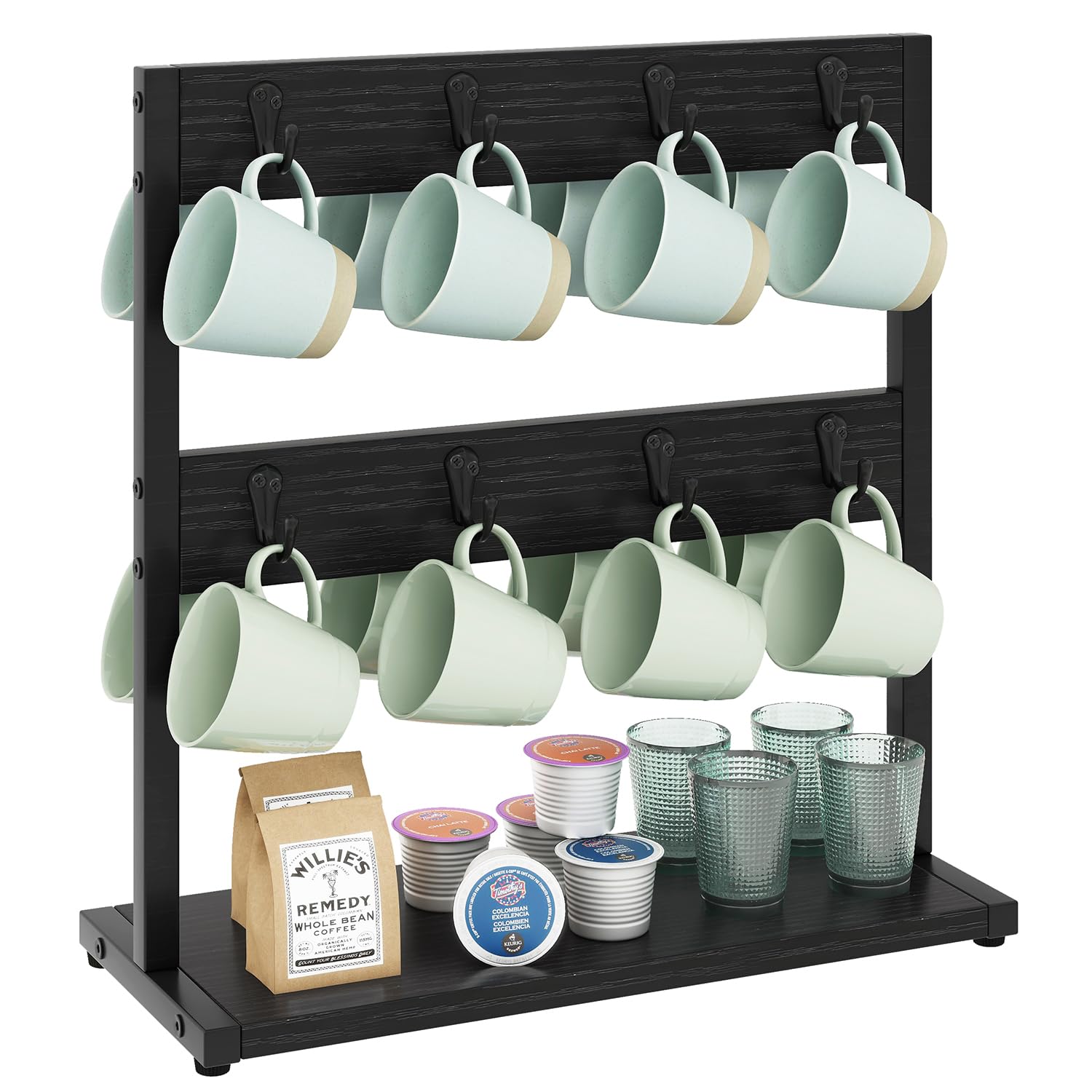 IBUYKE Porta tazzine da caffè con 16 Ganci e Ripiano Portaoggetti, Espositore per Tazze da caffè, per Cucina, Sala da Pranzo, Sala da tè, Nero TBJ001B