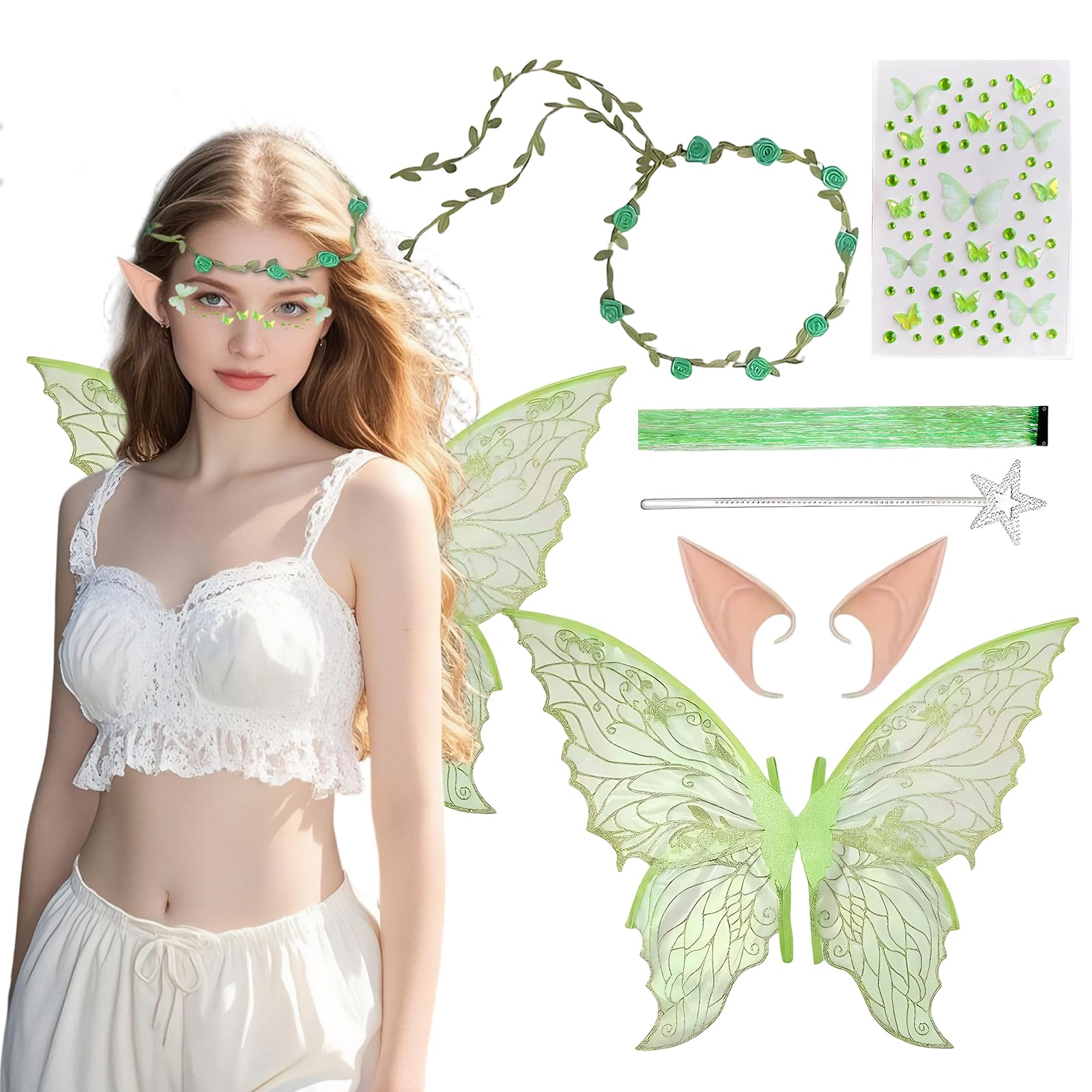 6 Pcs Adult Fairy Wings Set Fairy Costume with Sparkling Butterfly Wings Floral Headband Elf Ears Wand Hair Extensions Stickers Dress up Accessories for Halloween Party Cosplay (Green)