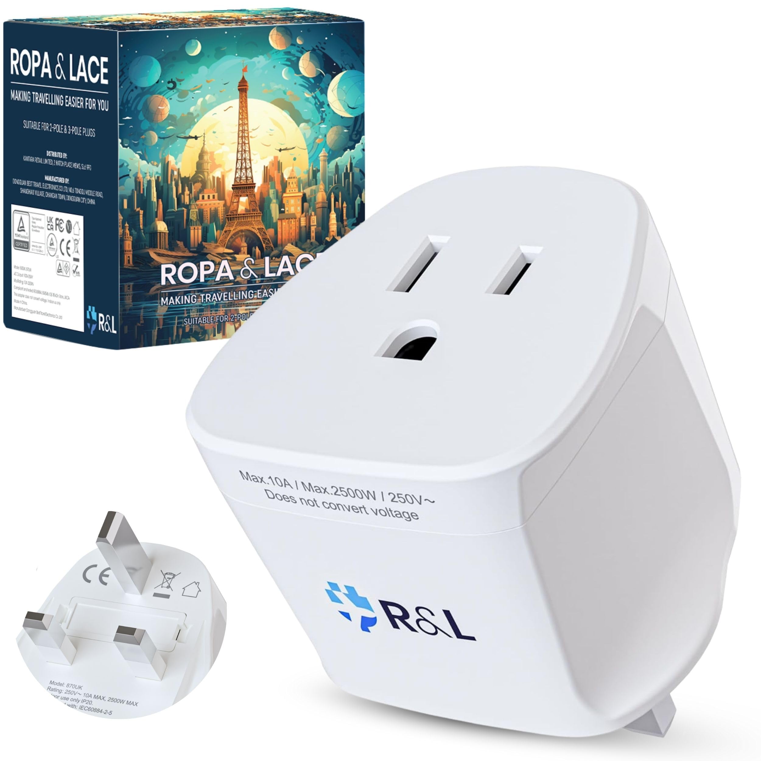 US to UK Plug Adapter by Ropa & Lace (1 Pack) - Essential USA to UK Plug Adapter, Canada to UK Travel Plug, Versatile Type A Plug Adapter, Perfect for American to UK Connections