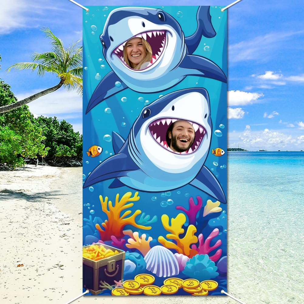 WADORN Shark Party Banner Decoration, 5.9x2.9ft Ocean World Photo Door Banner Large Phtography Backdrop Under The Sea Themed Face in Hole Hanging
