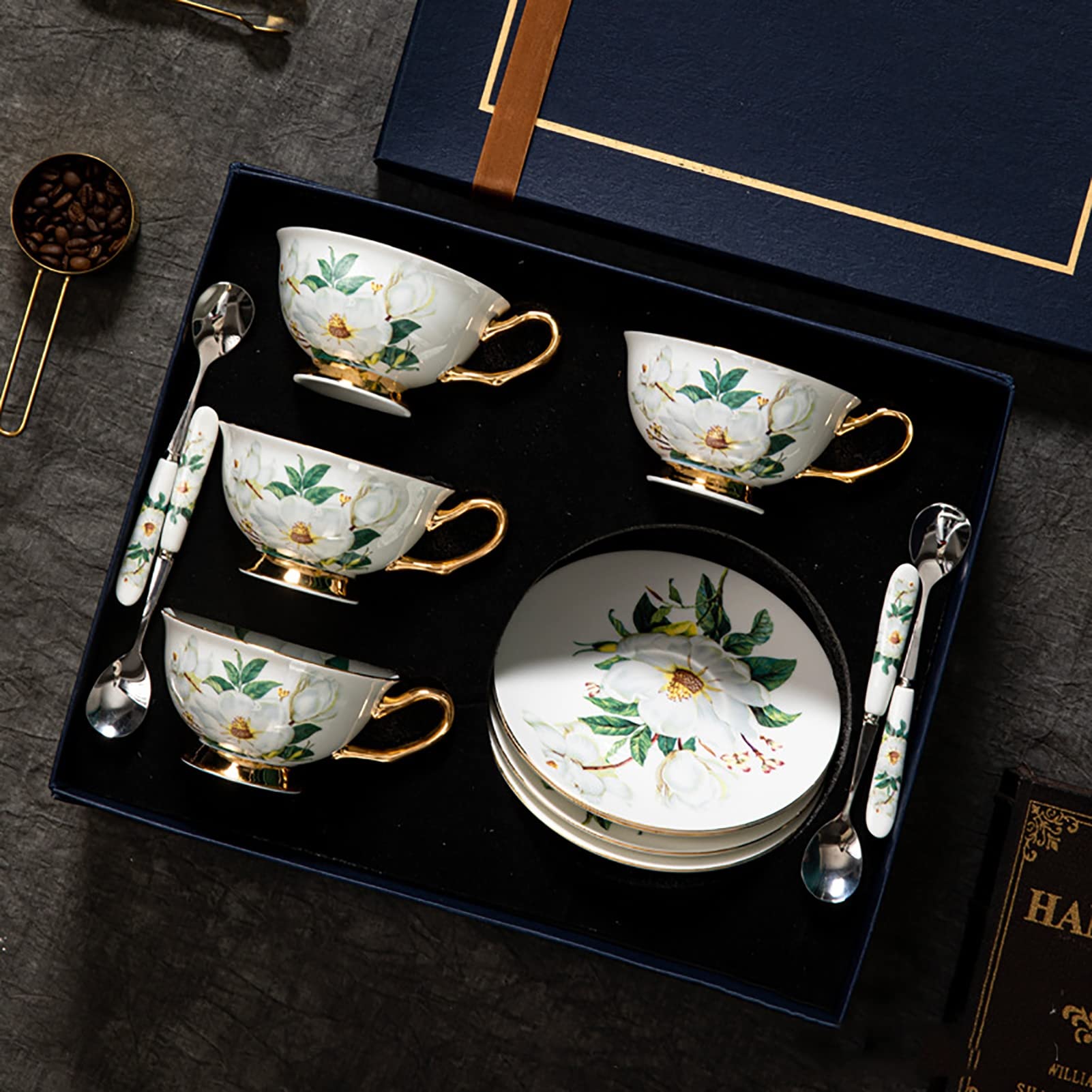 Sjdopulse D Porcelain Tea Set, European Coffee Set,Tea Cups An Saucers, Tea Set With Lily Floral Pattern, Tea Gift Set For Tea Lover An Woman