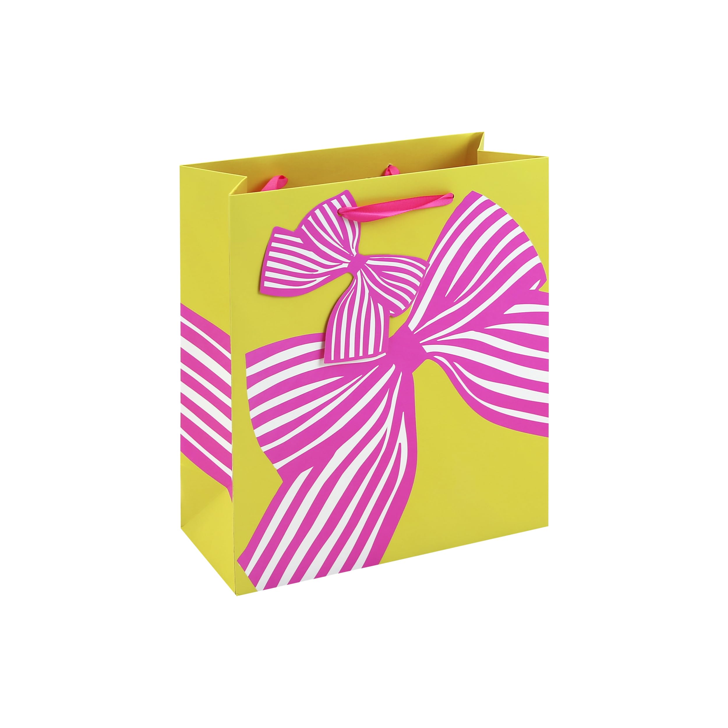 Eurowrap Bow Print Medium Gift Bags Pack of 3 – Yellow Present Bags with Pink Striped Bows, Spot UV Finish & Grosgrain Ribbon Handles – Gift Packaging for Birthdays & Celebrations