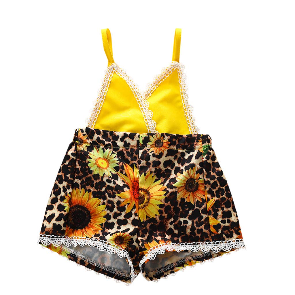 Toddler Girls Backless Straps Romper Baby Summer Sunflower Print Lace Trim Shorts Jumpsuit One Piece Outfit Sunsuit