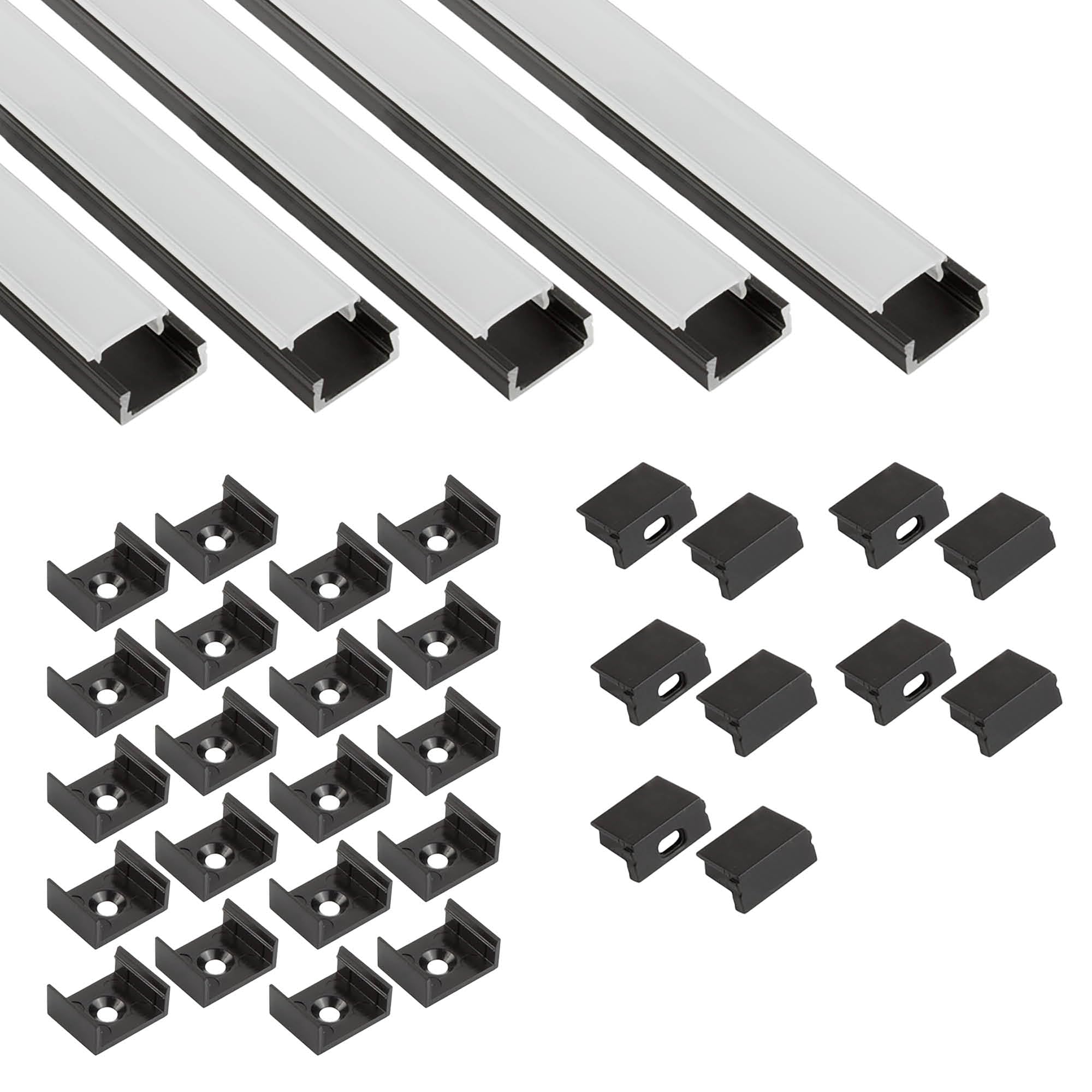 5x A15 LED Profil 2m - Schwarz + Abdeckung milky, Halter & Endkappen