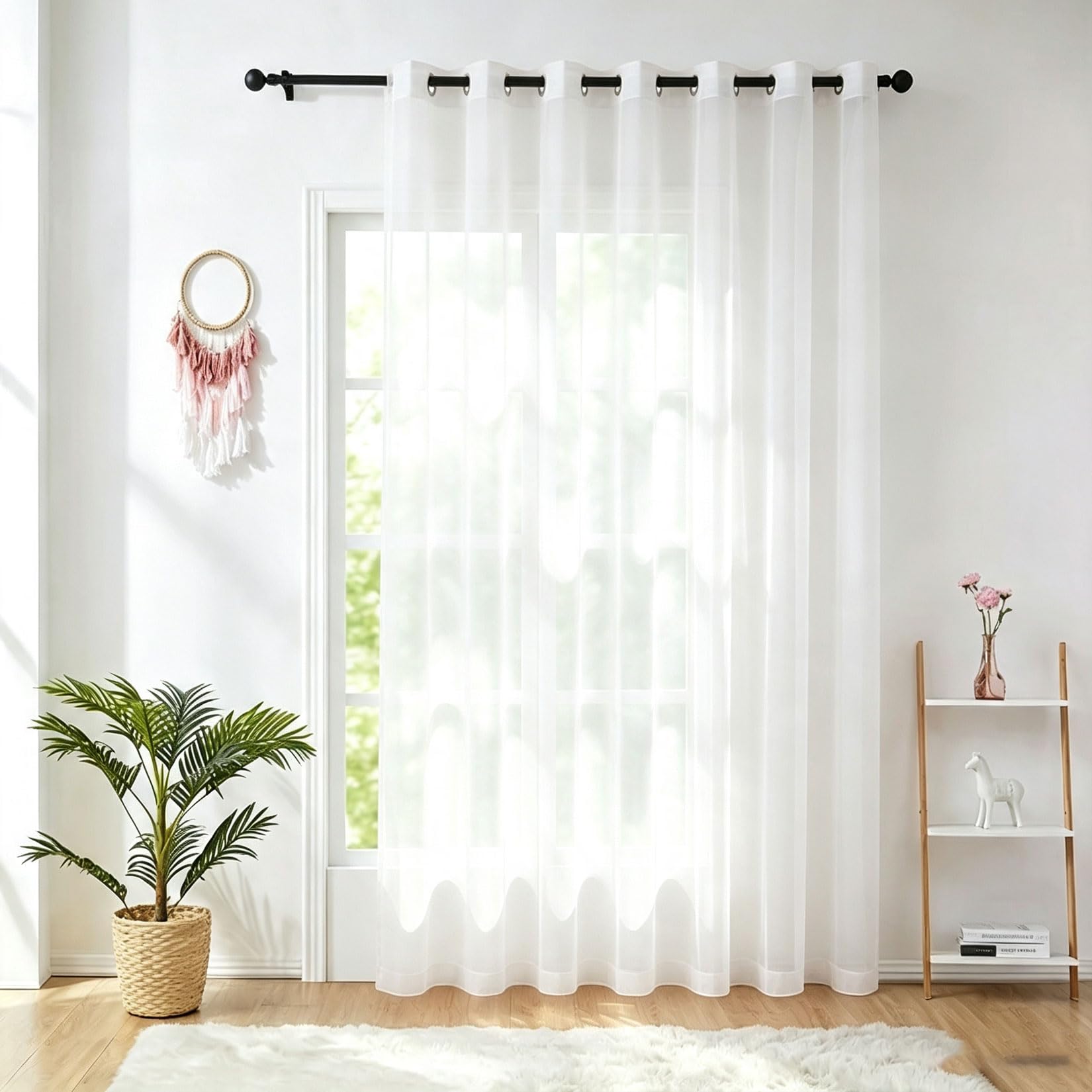 Firany Zwiewne 225 x 220 cm Półprzezroczysta, Przelotki Zasłony Sięgające Podłogi Zwiewna Tkanina Typu Gauze, Do Sypialni, Kuchni I Salonu, Biały