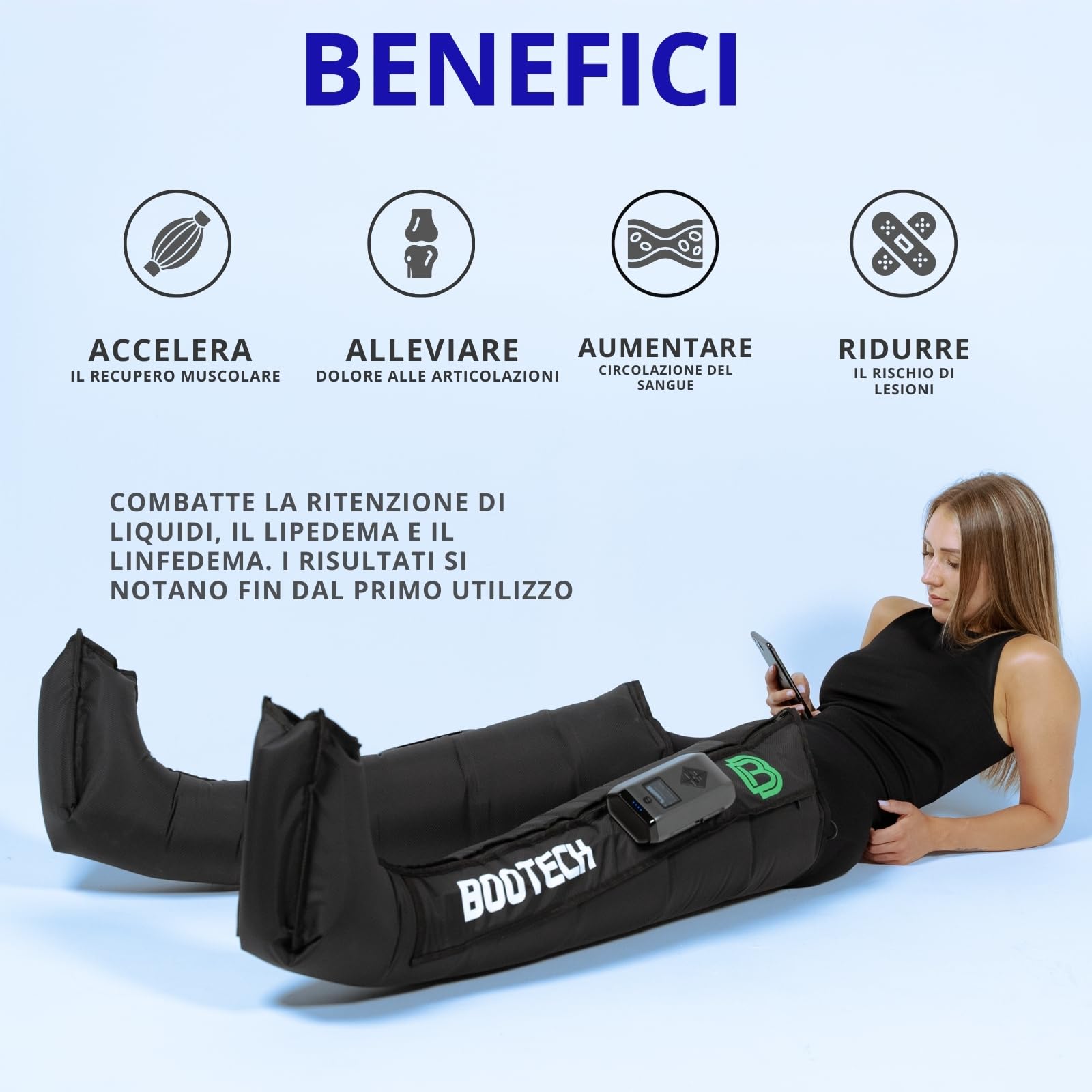 BOOTECH Pressoterapia Wireless per Casa, Massaggiatore Gambe Stanche, Recovery Boots Migliora Circolazione, Recupero Muscolare, Drenaggio Linfatico, Anticellulite, Batteria 3H Controllo App (L)